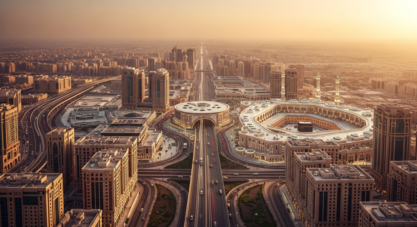 A wide-angle view of modern urban development projects and improved infrastructure in the city of Makkah during a golden sunset.