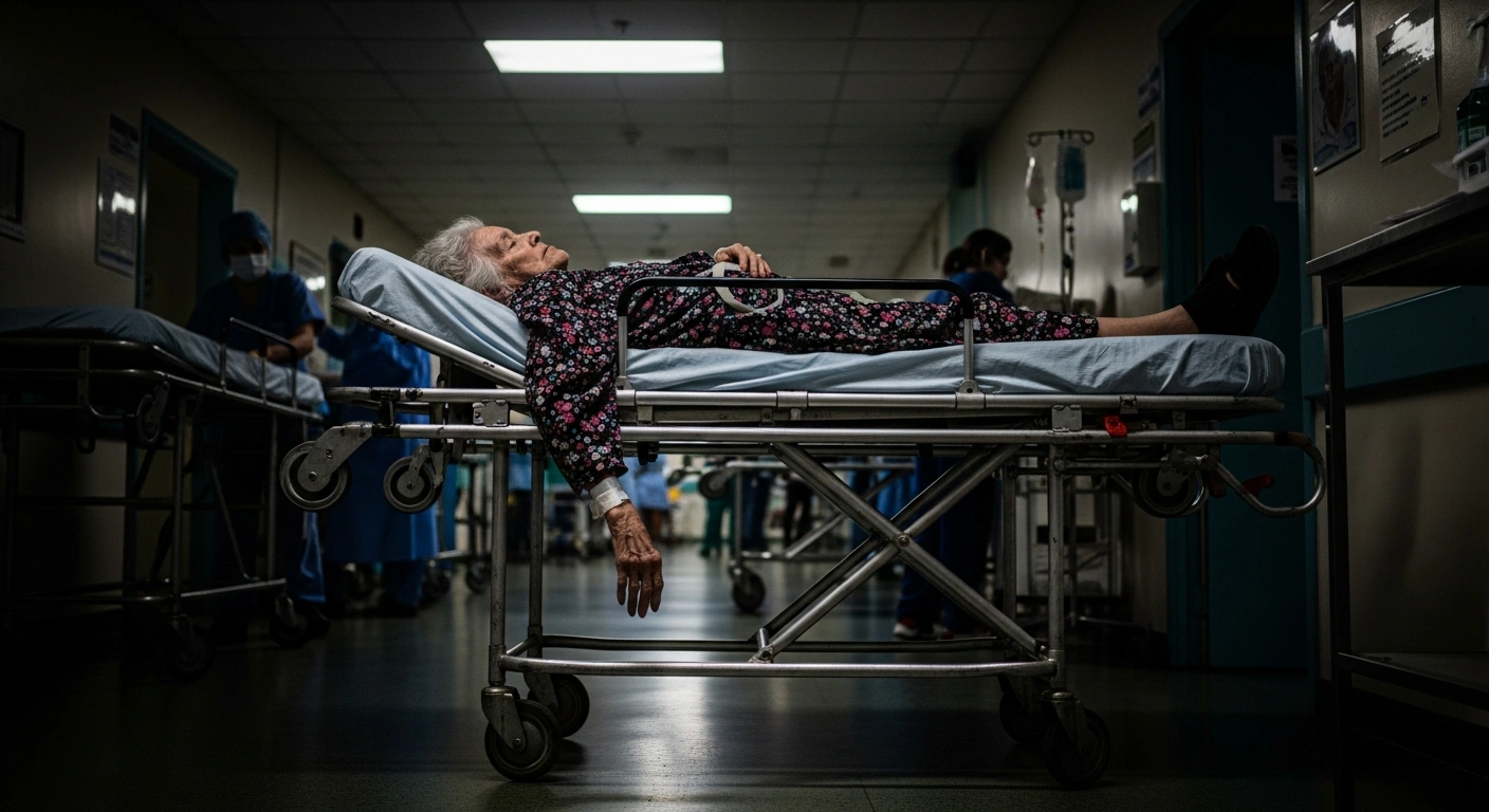 A low-angle, wide shot shows a frail, 94-year-old patient, Rosario, on an emergency stretcher in a crowded hospital corridor under harsh fluorescent lighting, symbolizing the healthcare system's bed shortages and structural collapse at Malaga's Hospital Clínico Universitario Virgen de la Victoria.