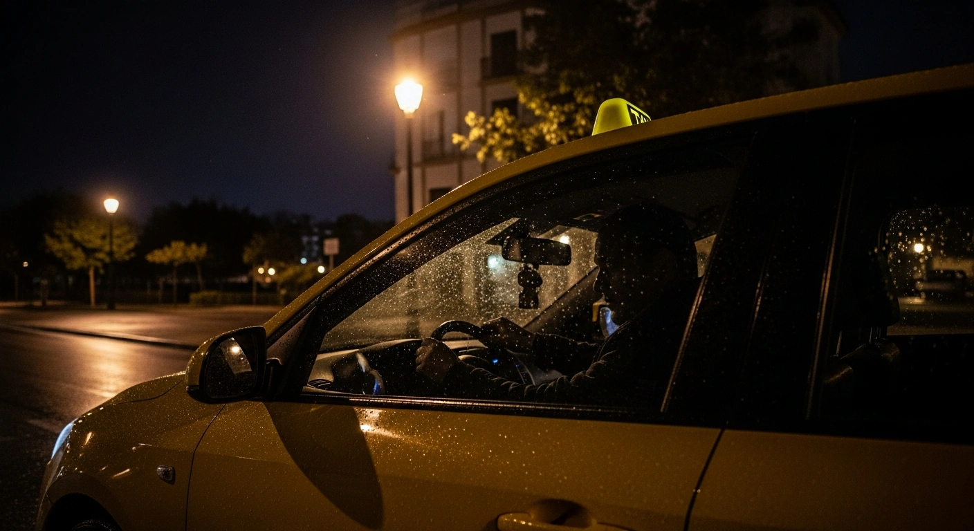 A lone taxi is parked under a flickering streetlamp on a dark, rain-slicked street in Malaga's Palma-Palmilla district at night, with the driver's face obscured by shadow, conveying the heightened tension and demand for increased security measures following recent armed robberies targeting taxi drivers.