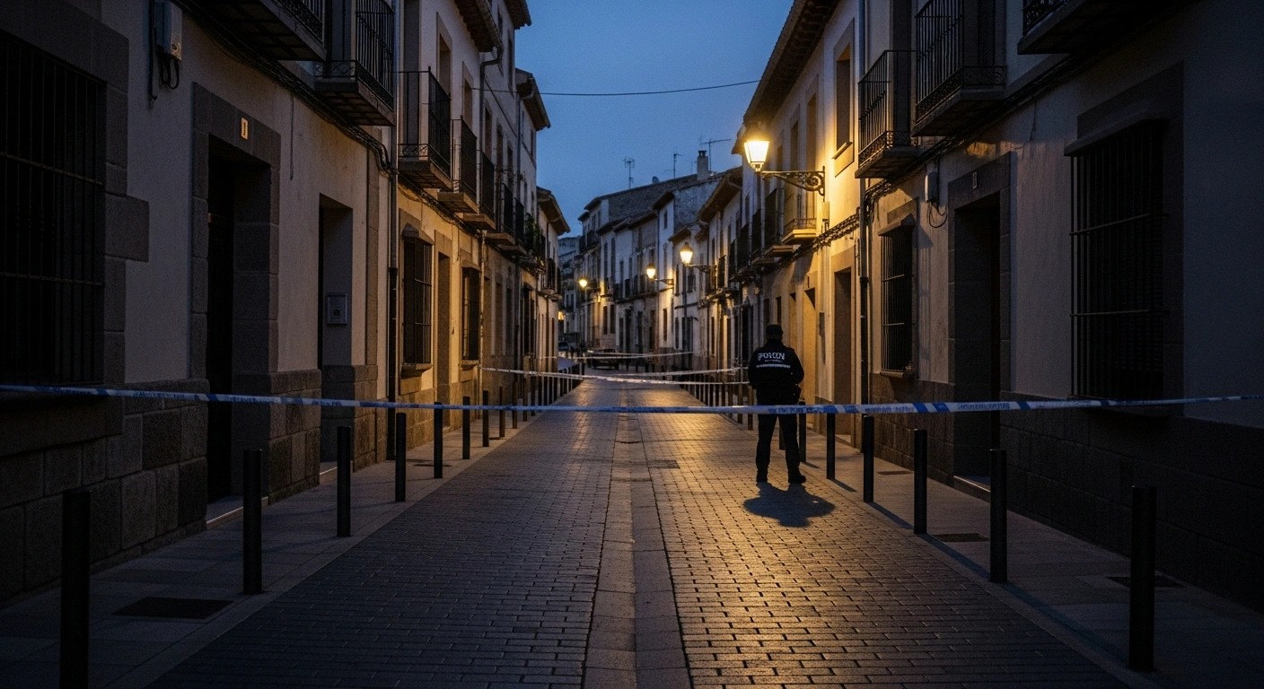 A somber, dimly lit cobblestone street in Alhaurín el Grande, Malaga, with a solitary figure near a taped-off area, symbolizing the investigation into the murder of a British woman, Victoria, and the arrest of her ex-partner, Juan A. R., in a case of gender-based violence.