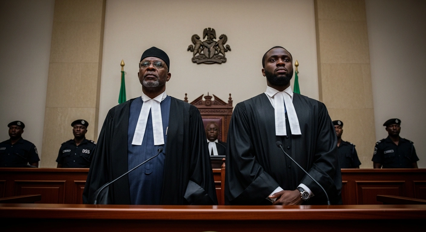 Former Attorney-General Abubakar Malami and his son, Abdulaziz Abubakar Malami, stand arraigned in a Federal High Court in Abuja, facing charges including terrorism financing and unlawful possession of firearms, with stern DSS personnel in the background.