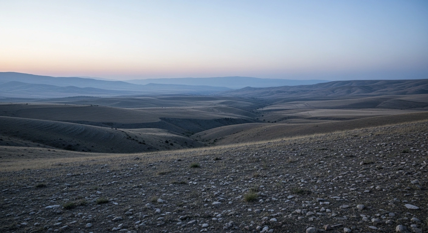 A peaceful, undisturbed landscape near Malatya, Turkey, during the early morning hours following a minor magnitude 2.6 earthquake.