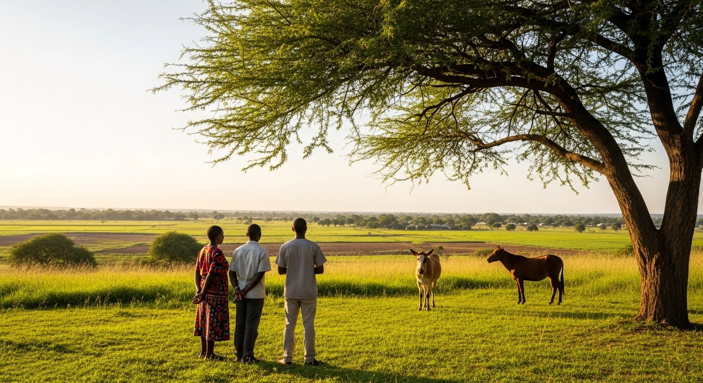 A wide, sun-drenched shot of a vibrant Malawian landscape shows a community health worker, a veterinarian, and an environmental scientist standing together, symbolizing Malawi's US$25 million grant from the Pandemic Fund to bolster pandemic prevention, preparedness, and response capabilities through a One Health Approach.