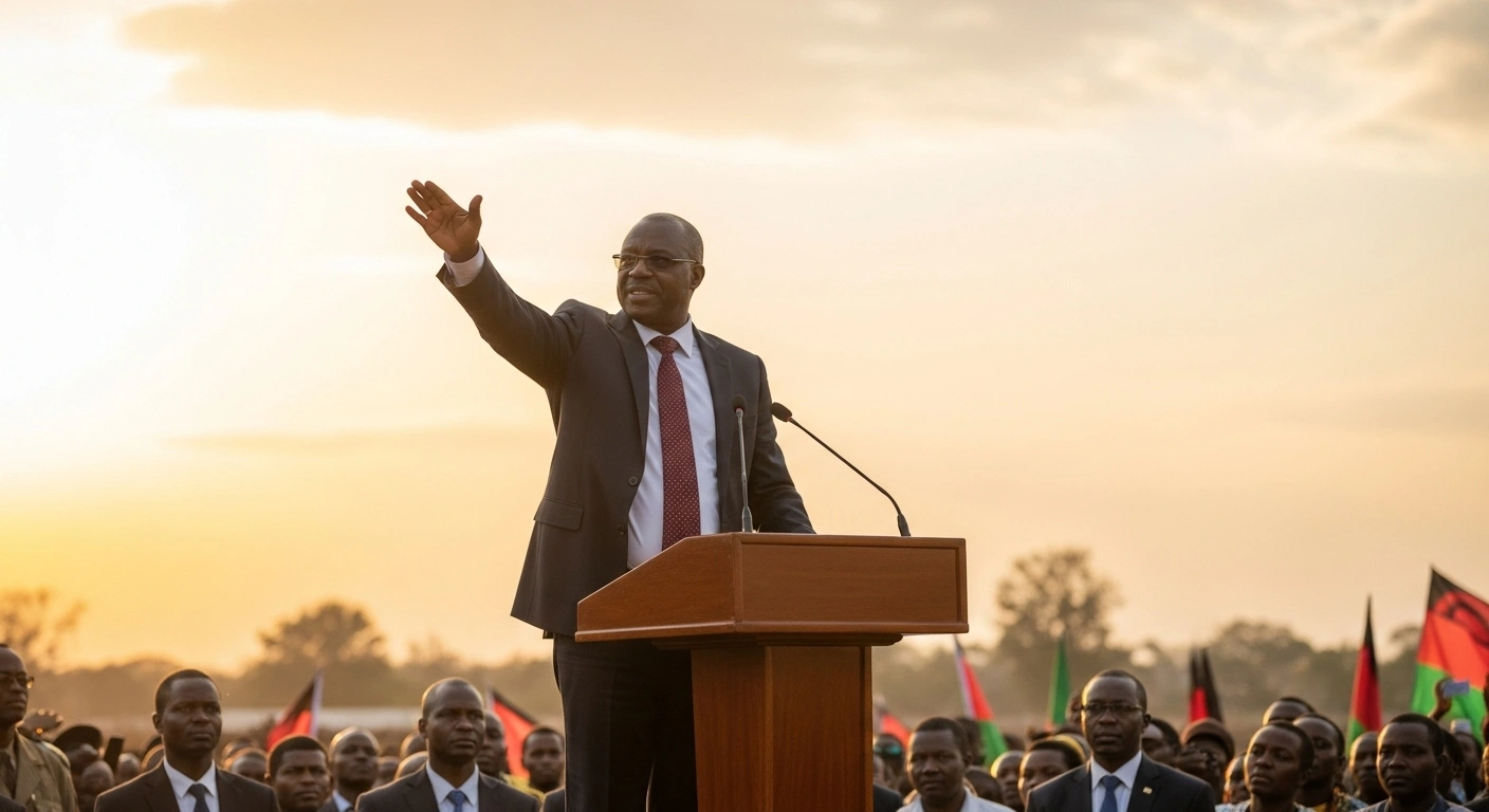 Malawi's President-elect Peter Mutharika stands on a platform with his hand raised, symbolizing unity and national rebuilding after his 2025 presidential election victory.
