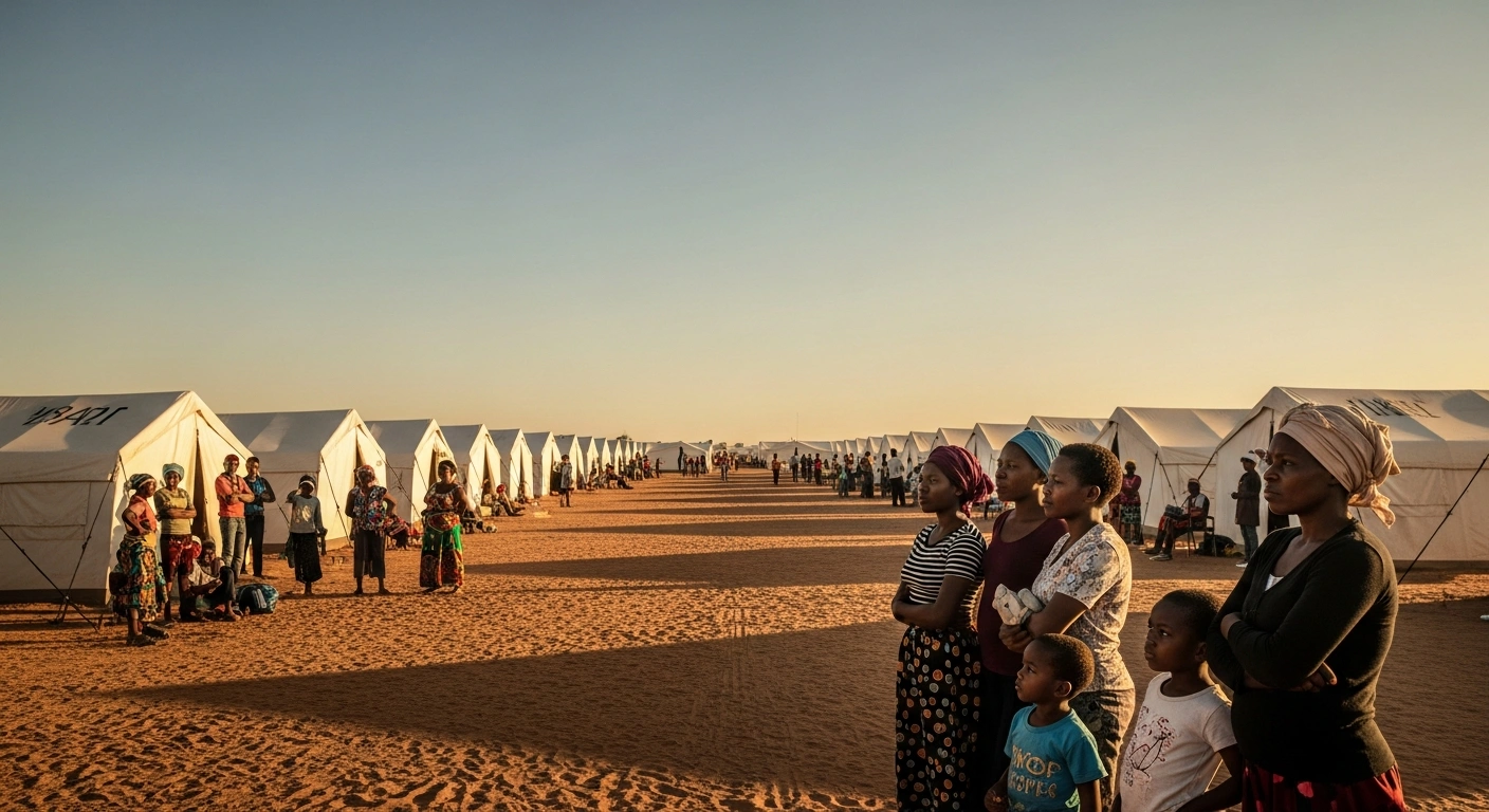 Malawian nationals wait at a government-led repatriation center in Musina, South Africa, following their relocation due to anti-immigration tensions.
