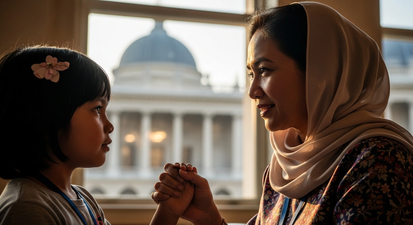 A dignified Malaysian minister, illuminated by warm light in a grand conference hall, gently holds the hand of a young child, symbolizing Malaysia's reaffirmation of children's rights and dedication to child welfare at the UN Committee on the Rights of the Child in Geneva.