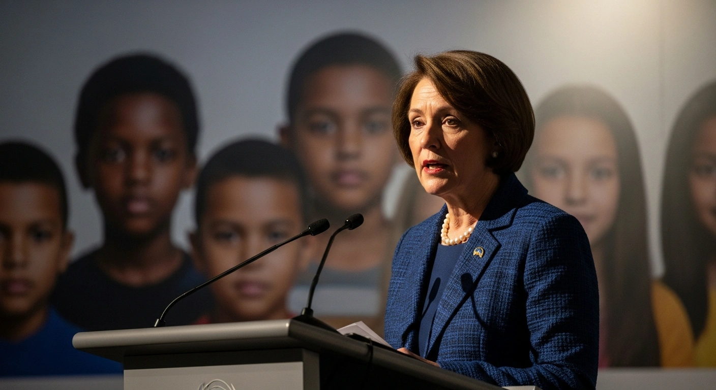 A dignified Malaysian Minister, Datuk Seri Nancy Shukri, stands at a modern podium in a conference hall, speaking passionately about children's rights at the UN Committee session in Geneva, with a softly illuminated, diverse group of children's faces subtly visible in the background.