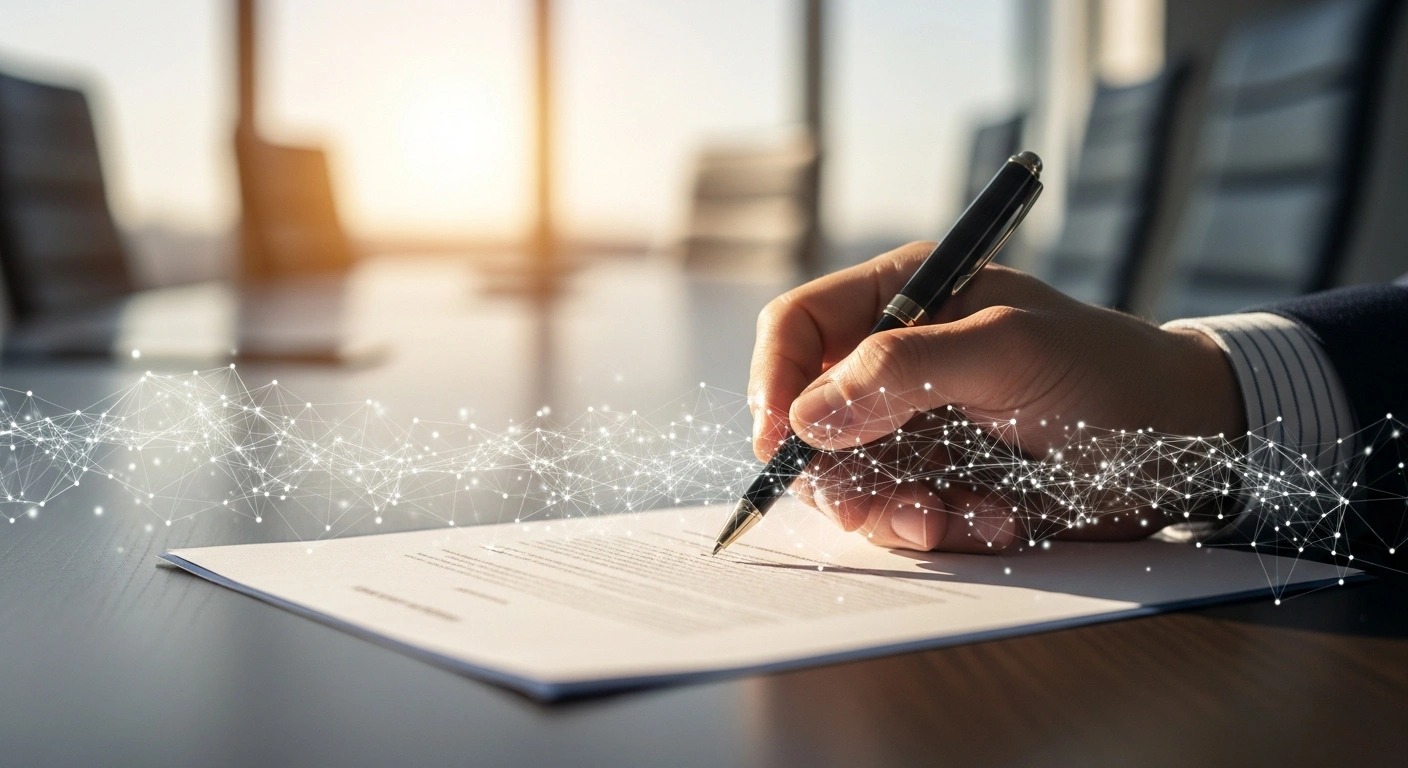 A close-up view captures a hand holding a pen, poised to sign a formal document on a polished conference table, with a subtly blurred background featuring abstract digital network patterns, symbolizing the Maldives' Foreign Minister Dr. Abdulla Khaleel signing the United Nations Convention against Cybercrime in Hanoi, Vietnam.