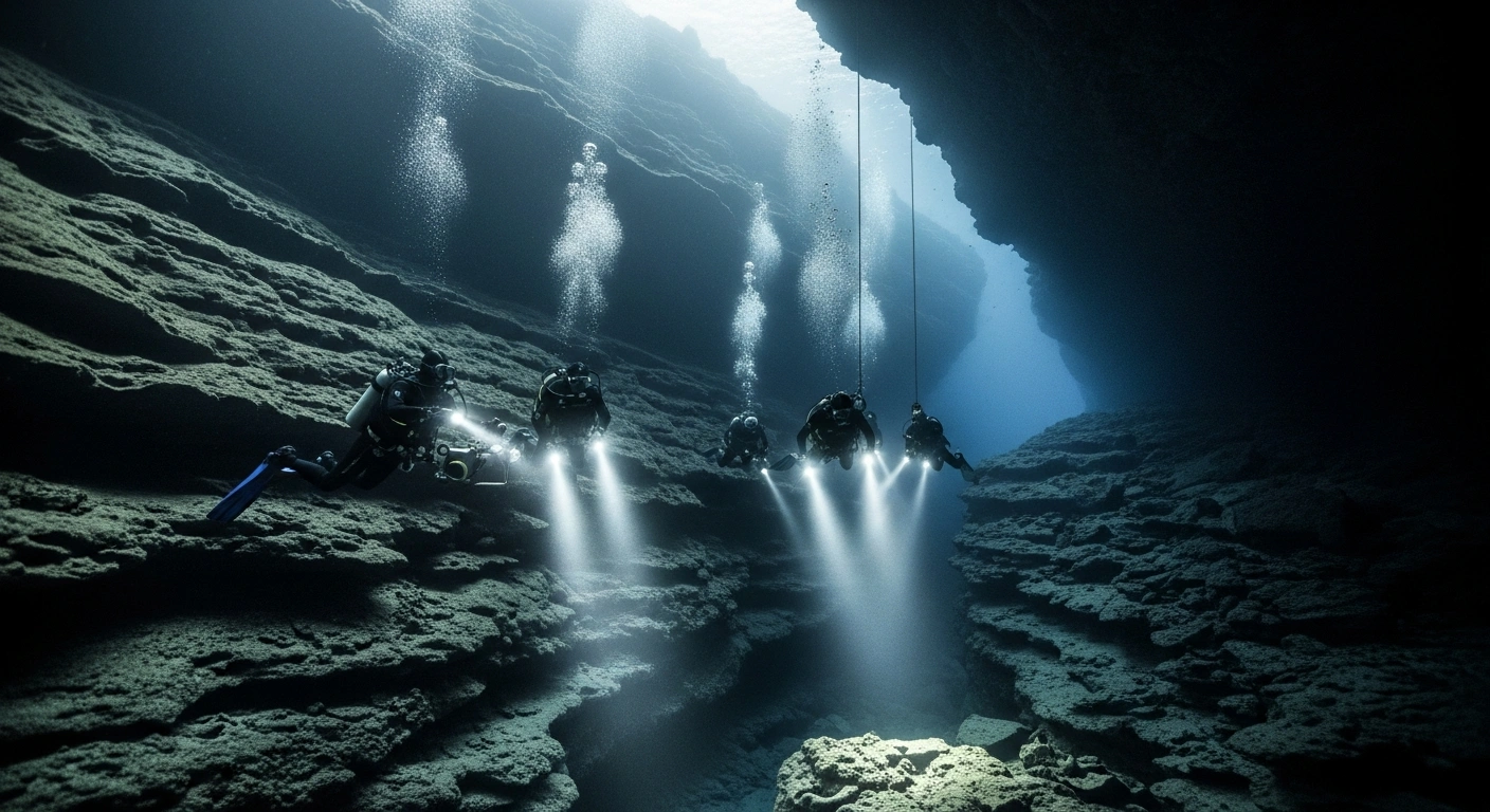 Specialized recovery divers navigate a dark underwater cave system in the Maldives to retrieve the bodies of Italian divers.