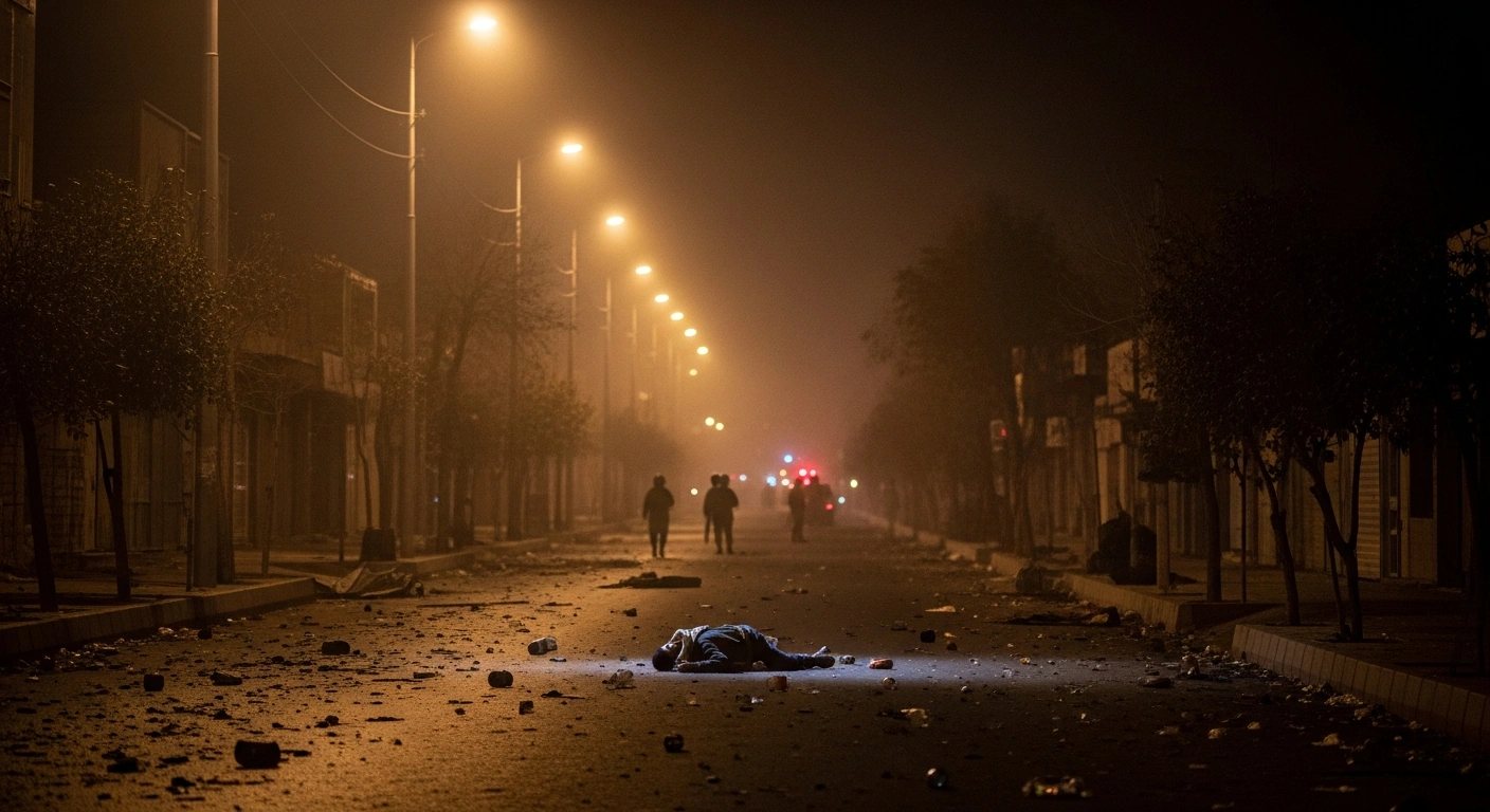 A wide, slightly elevated view captures the aftermath of security forces opening fire on protesters in Malekshahi, Ilam Province, Iran, on January 3, 2026, depicting a debris-strewn street with a fallen figure in the foreground, illuminated by harsh streetlights cutting through smoke, symbolizing the reported fatalities and injuries during anti-government demonstrations.