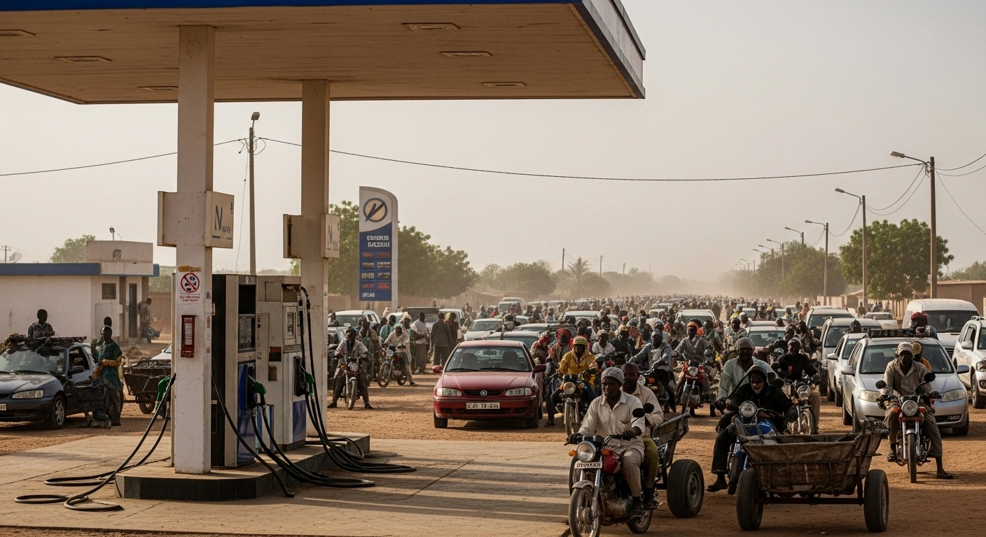 A wide shot shows a desolate gas station with dry pumps and a long queue of vehicles, including cars, motorcycles, and donkey carts, stretching into the dusty distance under a harsh sun, illustrating the widespread fuel shortage and disrupted supply chains in Mali, severely impacting daily life and economic activity.