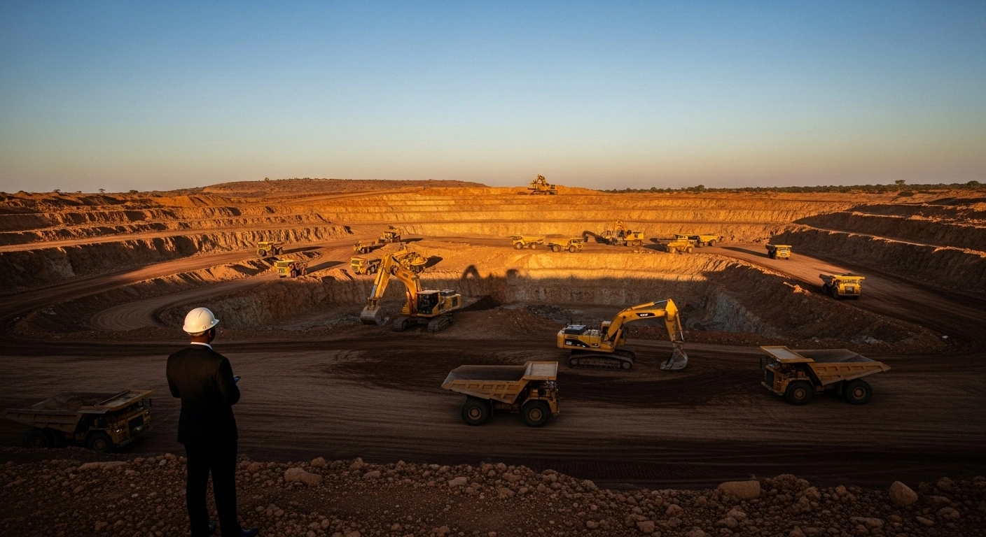 A wide, sweeping shot of an active open-pit gold and lithium mine in Mali at golden hour, featuring large excavators and haul trucks, with a silhouetted figure observing the operation, symbolizing Mali's increased state participation and royalty rates under new mining agreements to boost national revenue and resource sovereignty.
