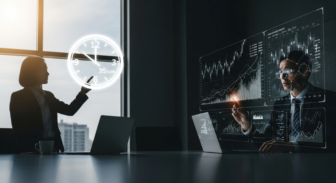 A visual representation of a policy debate, showing one figure confidently presenting a bright, ethereal projection of a clock with reduced hours, while another figure in the foreground intently examines a dimly lit holographic display of complex economic charts, symbolizing the discussion around a 35-hour work week in Malta and its economic implications.