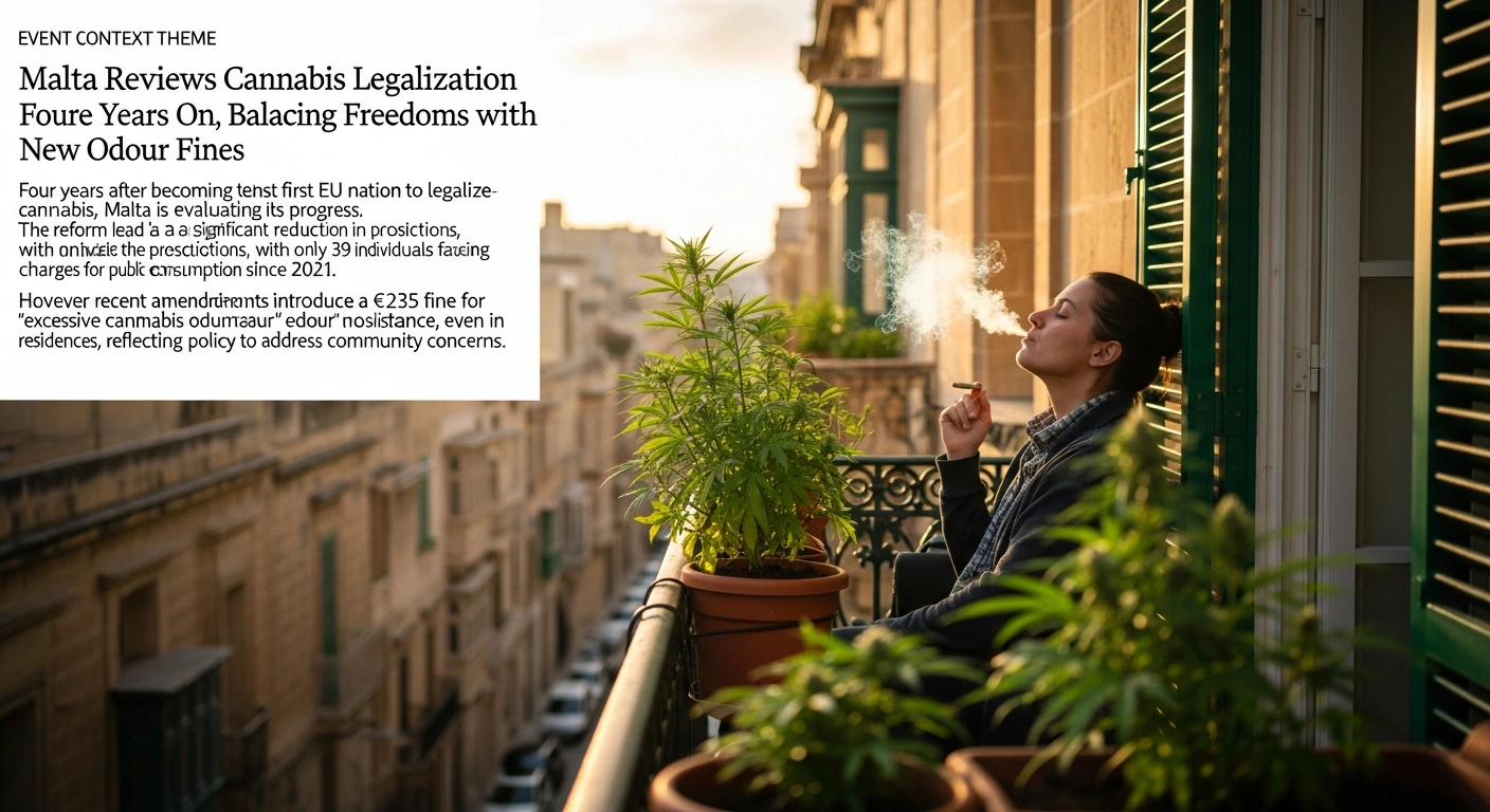 A person relaxes on a sun-drenched Maltese balcony adorned with cannabis plants, exhaling smoke, symbolizing Malta's four-year evaluation of adult-use cannabis legalization and the new policy addressing community concerns about excessive cannabis odour.