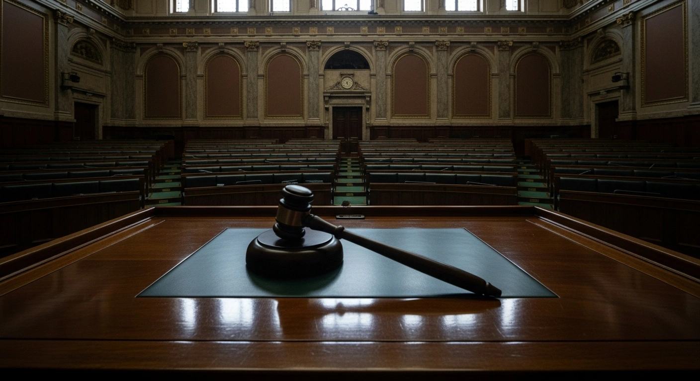 A grand, empty parliamentary chamber in Malta, dimly lit by moonlight, with a heavy gavel resting on a polished wooden dais, symbolizing the failed nomination of Judge Consuelo Scerri Herrera for Chief Justice due to a lack of parliamentary consensus.