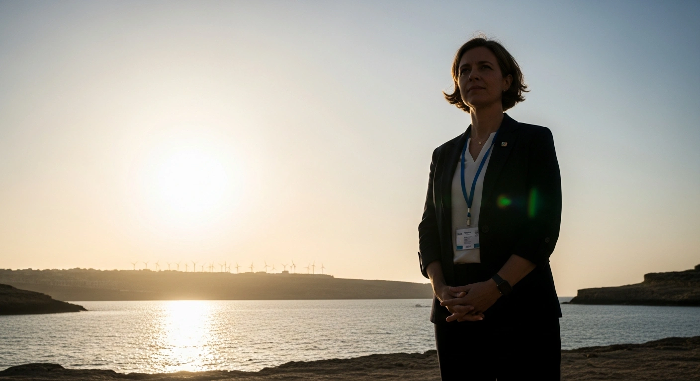 Minister Miriam Dalli stands on a sun-drenched Maltese coastline, symbolizing Malta's successful negotiation of concessions for island states within the European Climate Law's 2040 emission reduction targets.