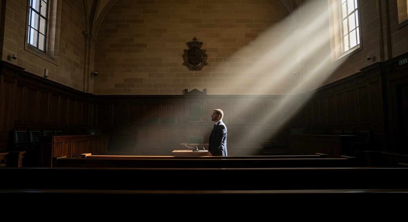 A man stands alone in a grand, empty courtroom, illuminated by a dramatic shaft of sunlight from a high window, symbolizing the acquittal of civil servant Raymond Cutajar by Malta's Court of Appeal in a fraud and misappropriation case involving a €41,000 discrepancy, citing unauthenticated documents and insufficient evidence.