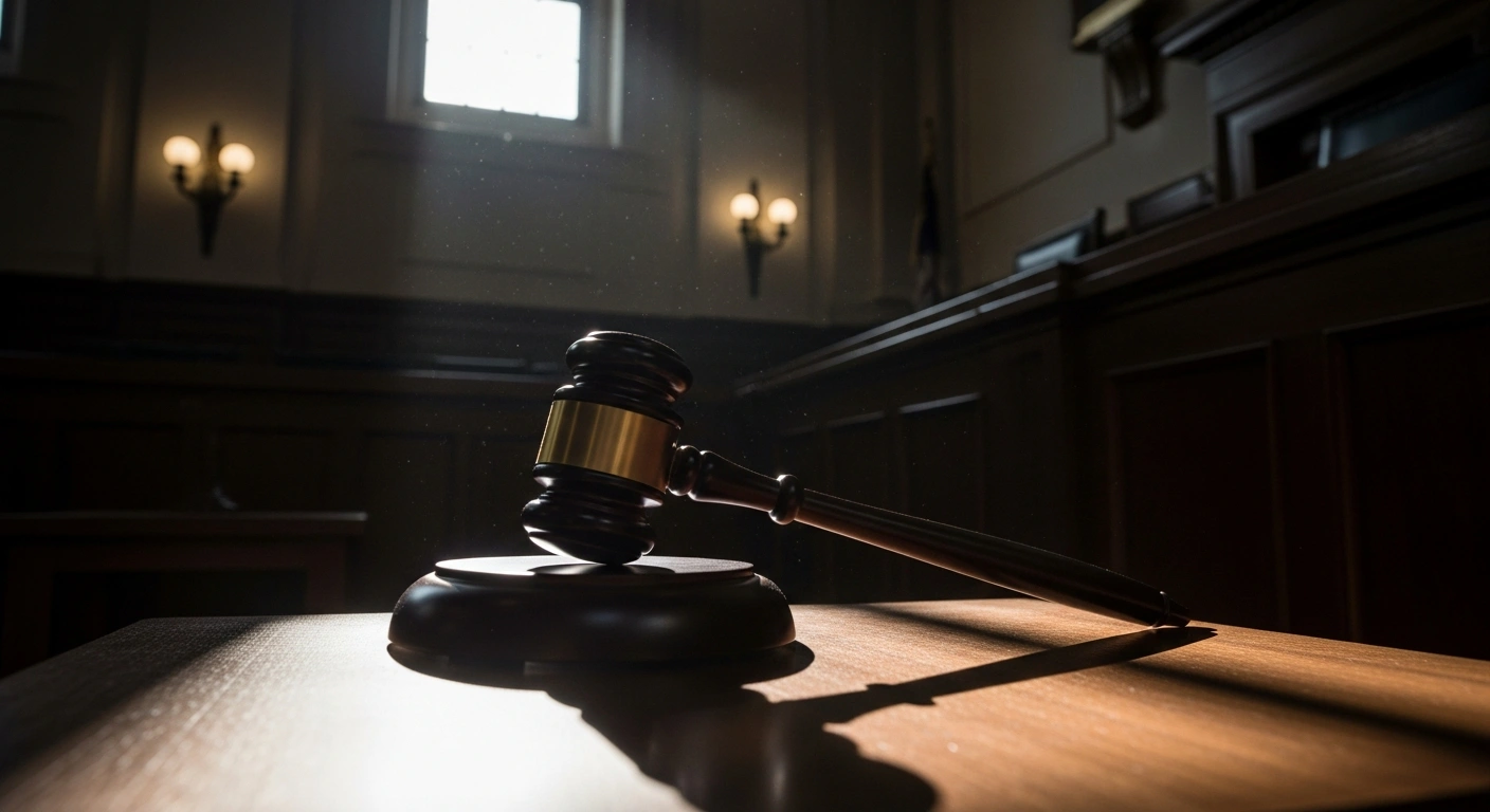 A heavy wooden gavel rests on a dark, polished courtroom bench, illuminated by a dramatic shaft of light, symbolizing the Malta Civil Court's dismissal of Keith Schembri's challenge against a freezing order for money laundering and fraud charges.