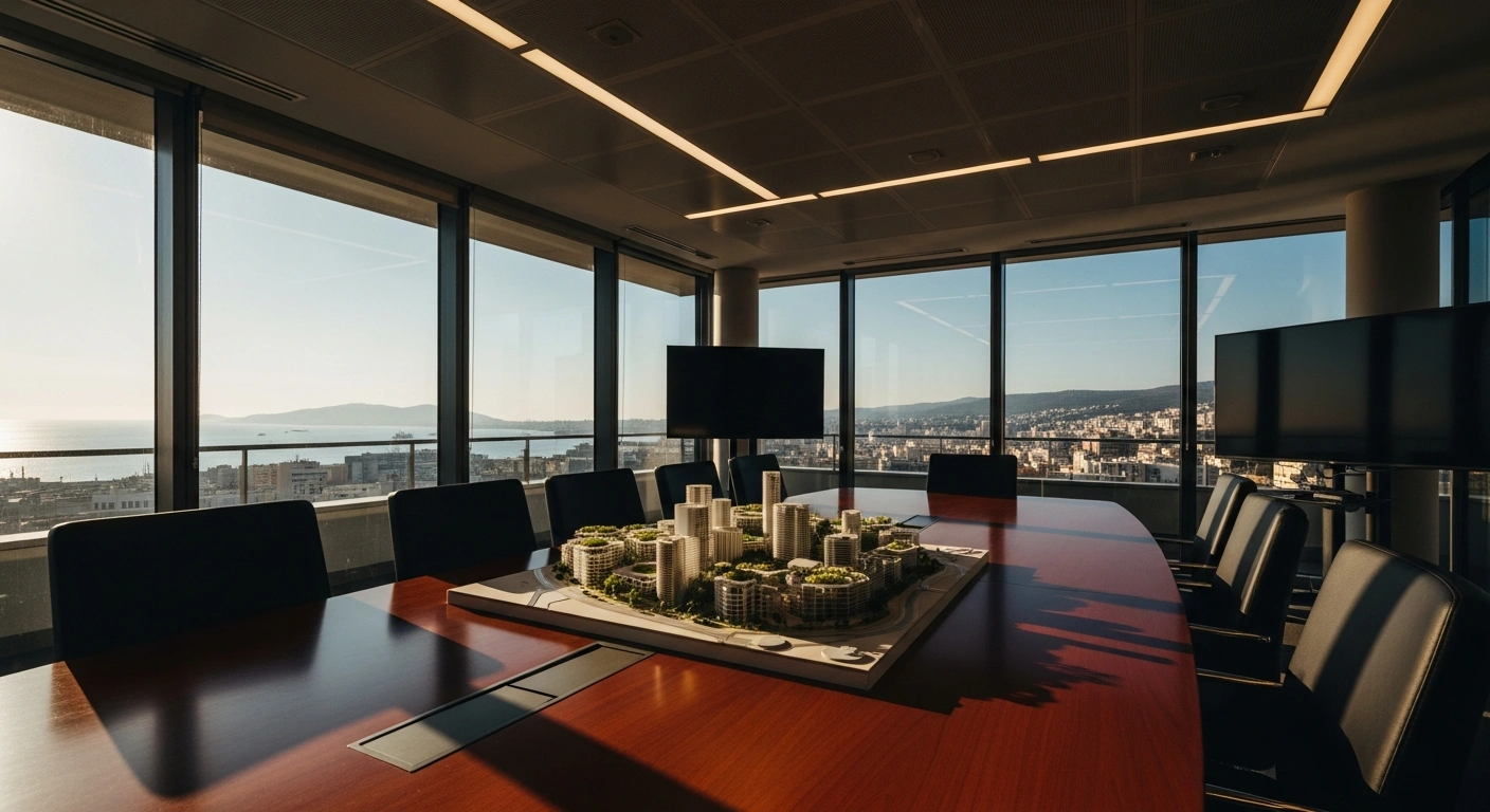 A professional boardroom overlooking a harbor represents the Malta Employers Association calling for sustainable economic growth and fiscal discipline.