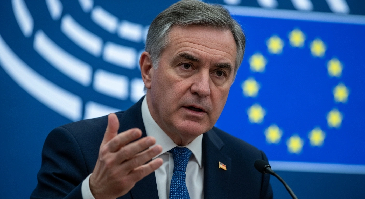 Malta's Deputy Prime Minister Ian Borg is depicted speaking at the EU Foreign Affairs Council, advocating for stronger EU coordination on Ukraine, de-escalation in the Middle East, increased pressure on Russia, and humanitarian aid for Gaza.