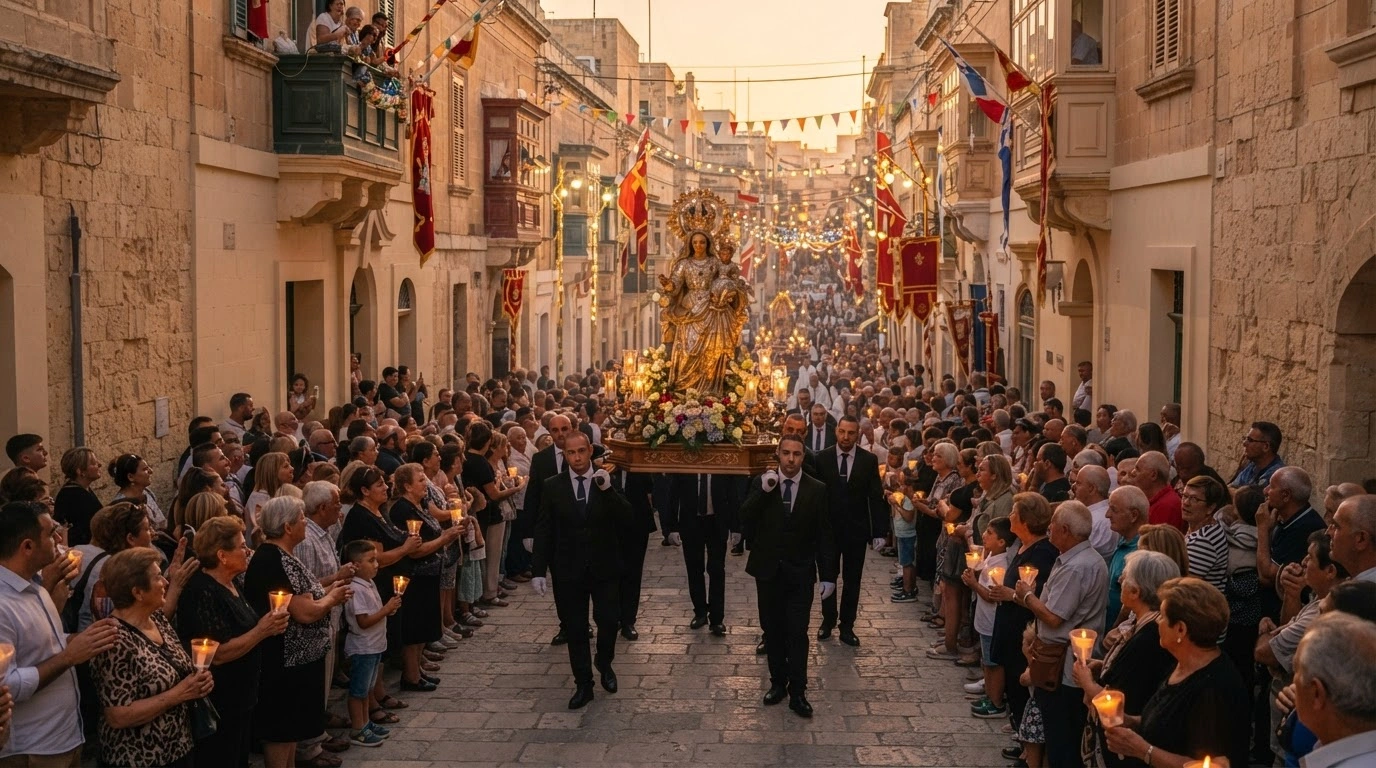 A large crowd participates in a traditional religious procession for the Feast of the Assumption in a historic Maltese town.