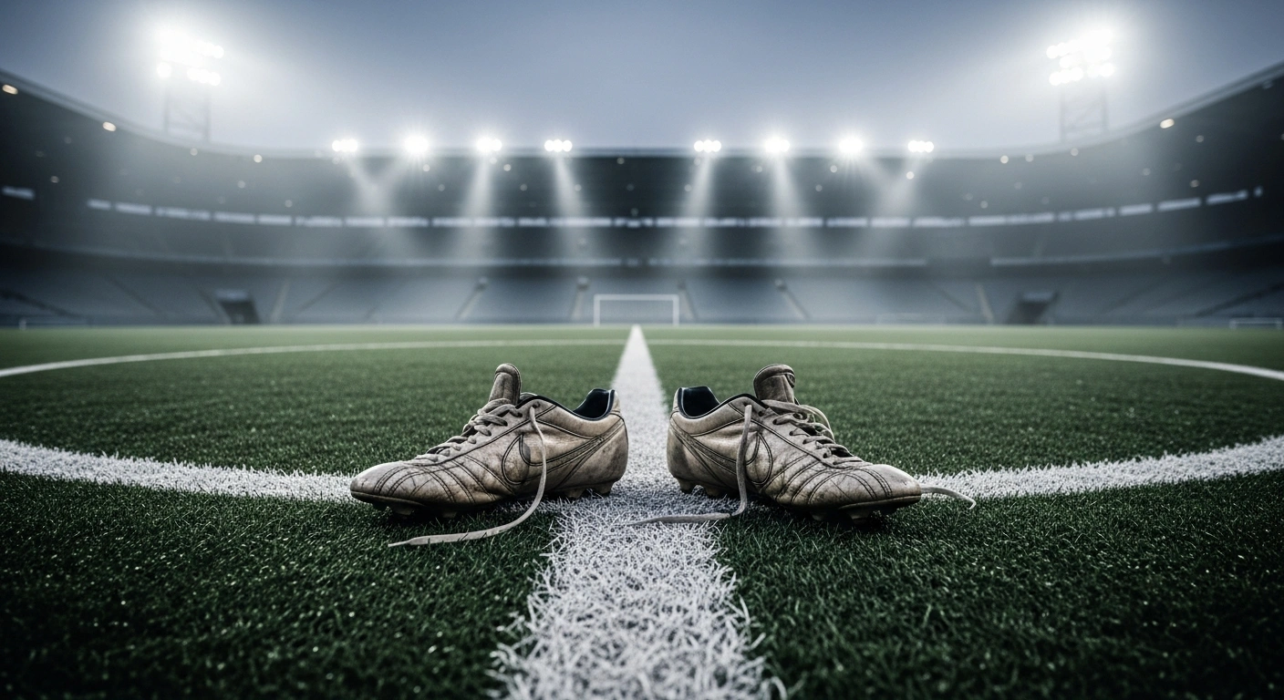 Two pairs of worn football cleats sit on a grass field in Malta, representing the reduced bans for players involved in a match-fixing scandal.