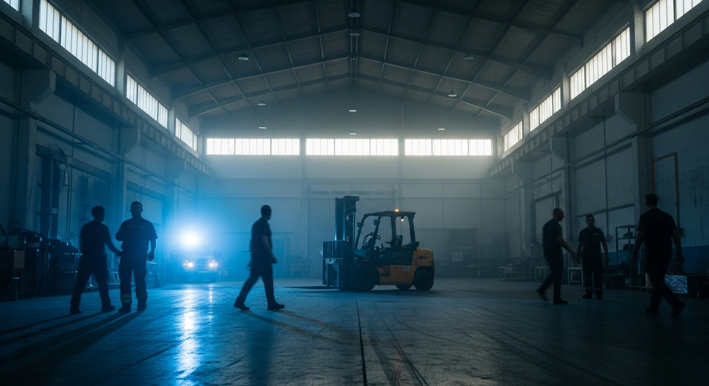 A wide, low-angle shot inside a vast, dimly lit industrial warehouse in Naxxar, Malta, shows a yellow forklift in the background and blurred figures of emergency responders in the foreground, depicting the scene of a fatal forklift accident where 34-year-old Robert Micallef died.