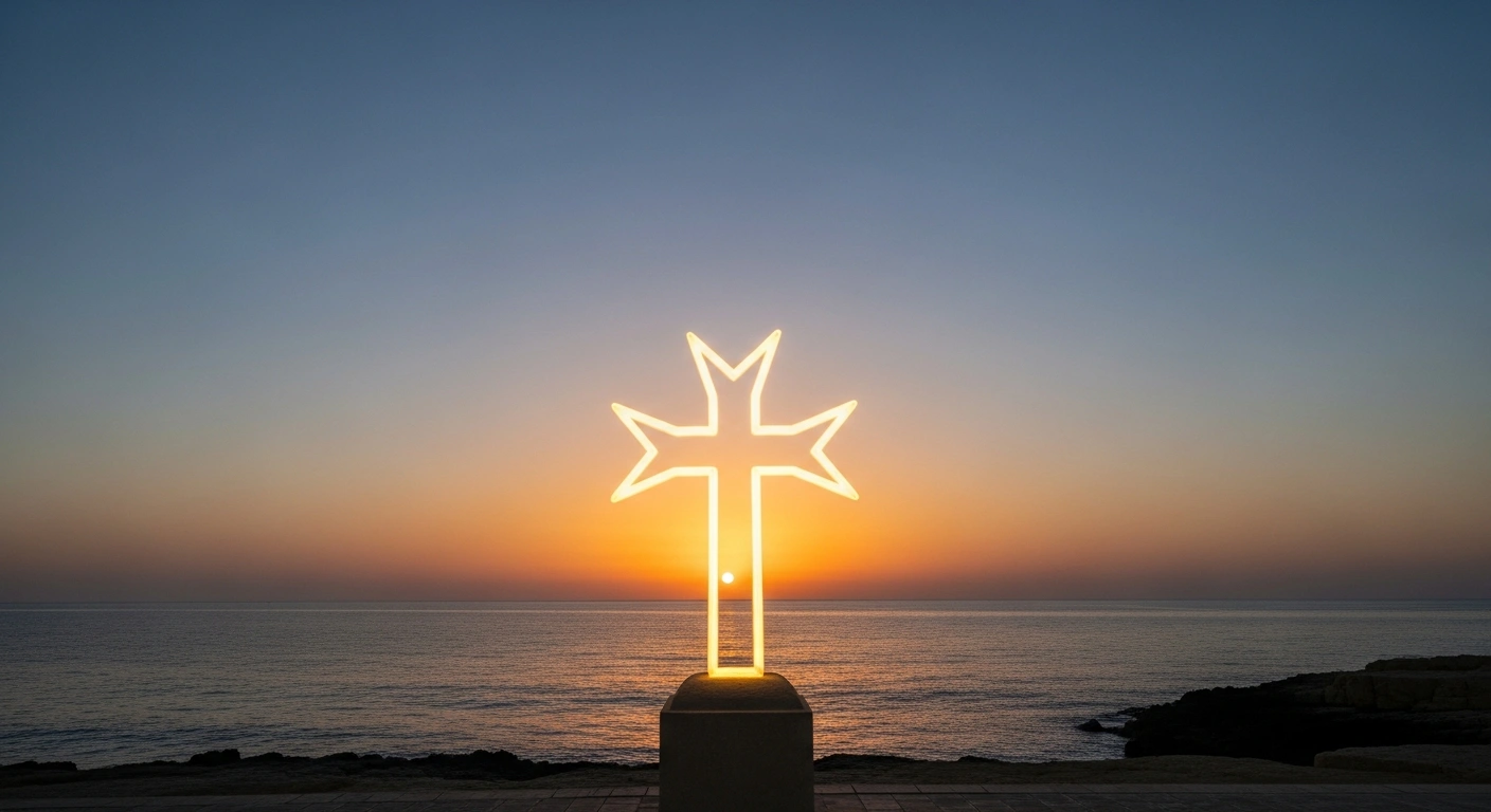 A stylized, glowing Maltese cross casts a warm, protective light over a tranquil Mediterranean seascape at dawn, symbolizing the Maltese government's initiative to provide free PrEP and PEP to combat HIV.
