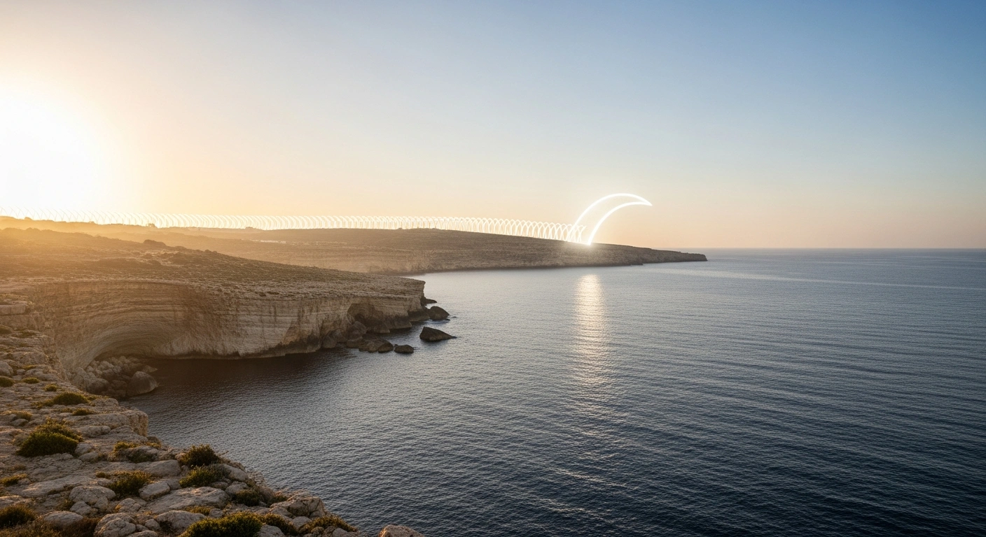 A wide shot of the Maltese coastline at dawn, with golden light illuminating ancient cliffs and the sea, featuring a stylized, translucent protective barrier subtly emerging from the horizon, symbolizing Malta's new free PrEP and PEP initiative to combat rising HIV rates.