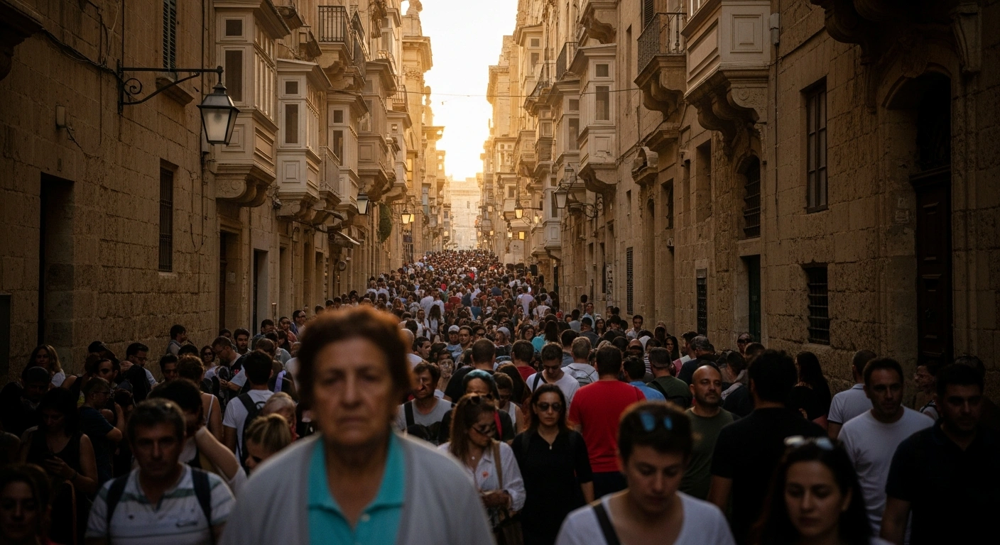 A low-angle, wide shot depicts a densely crowded, historic Maltese street at golden hour, illustrating the unsustainable impact of 4 million annual tourists on the island's infrastructure, environment, and residents' quality of life, as warned by ADPD – The Green Party.