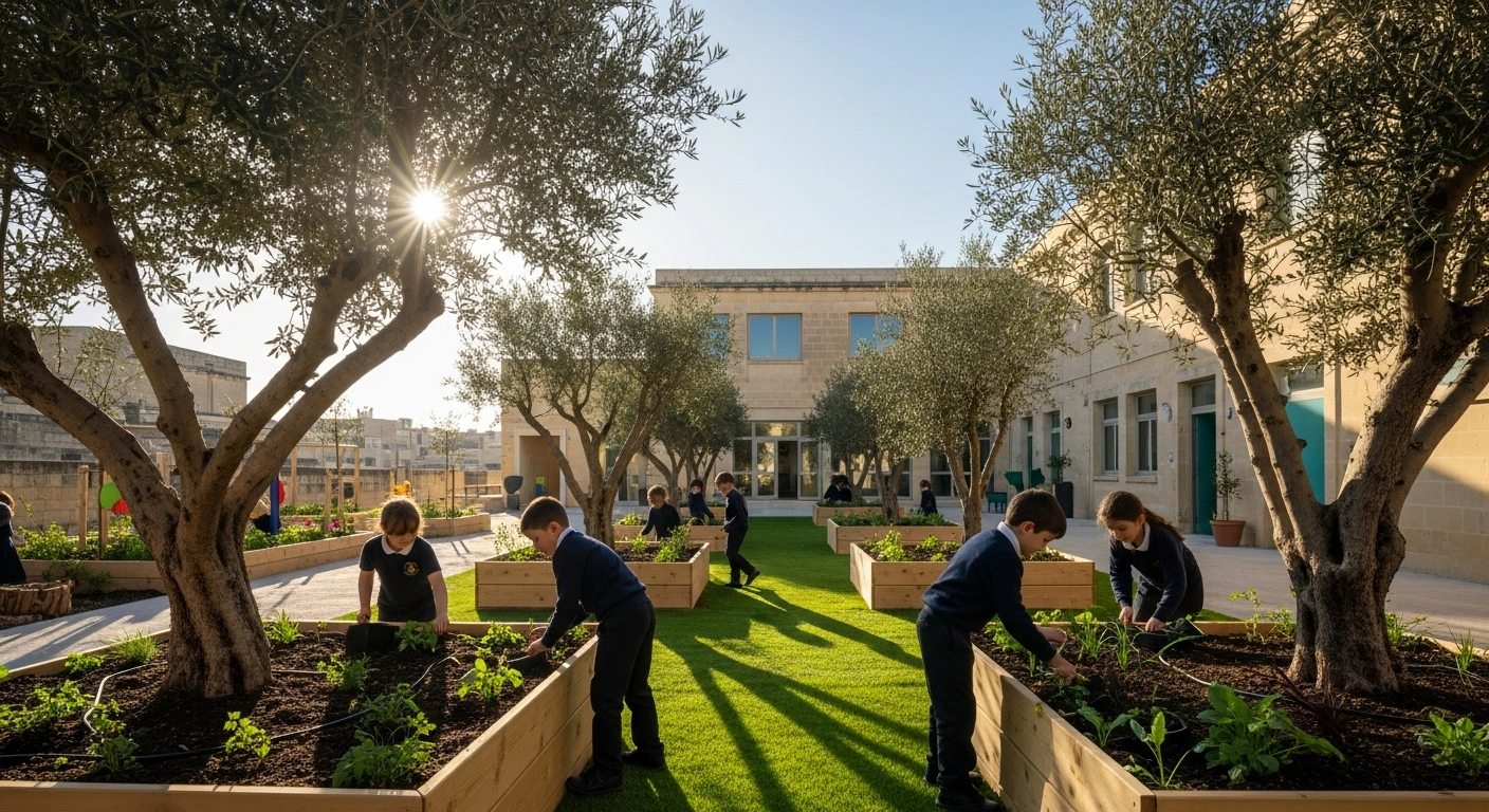 A vibrant school courtyard in Malta, transformed into an educational green space with students tending to garden beds under the golden afternoon sun, representing the €10 million Green School Initiative.