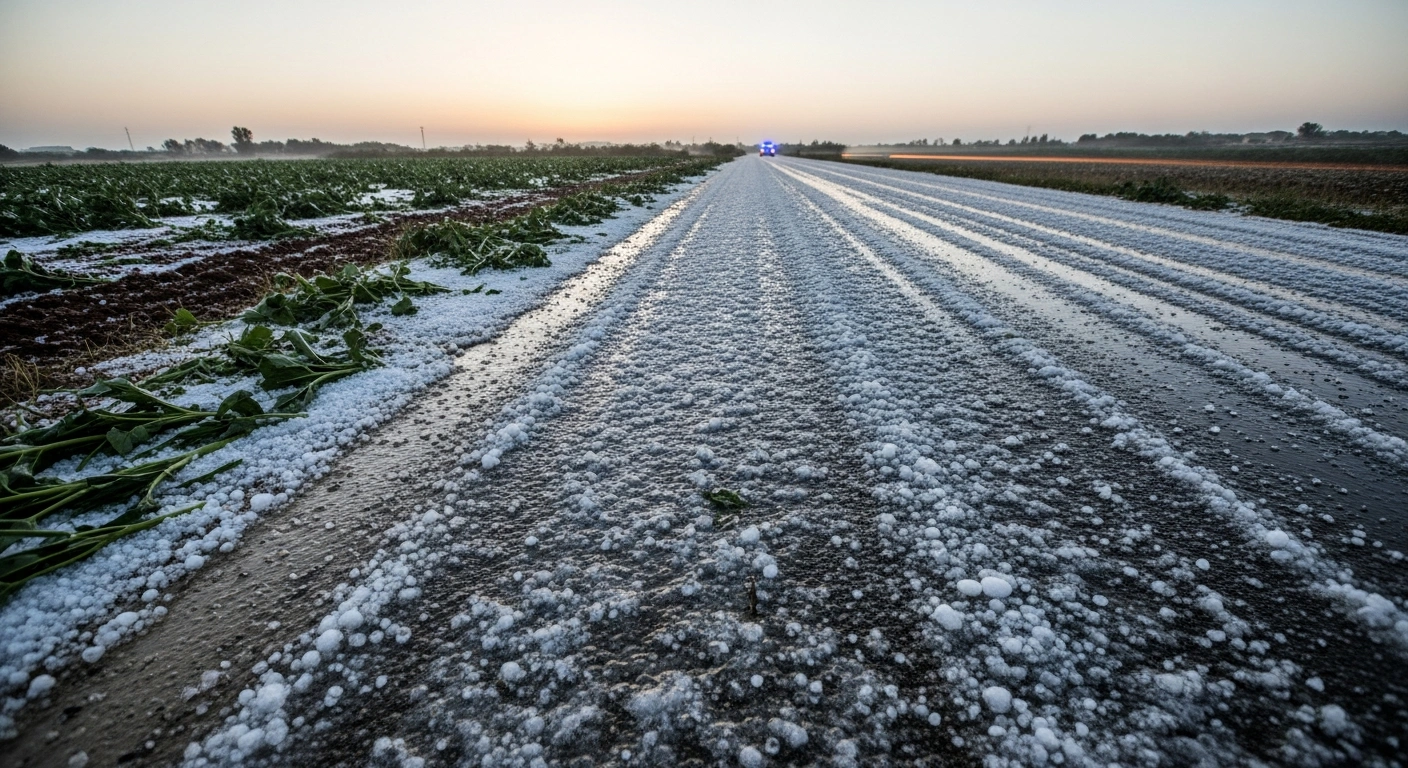 A low-angle, wide shot captures a rural road in Malta completely covered in a thick layer of glistening ice and hail after a severe hailstorm, with flattened and shattered agricultural crops visible in an adjacent field under the pale light of dawn, illustrating the hazardous conditions and crop damage caused by the unusual weather event that struck the island.