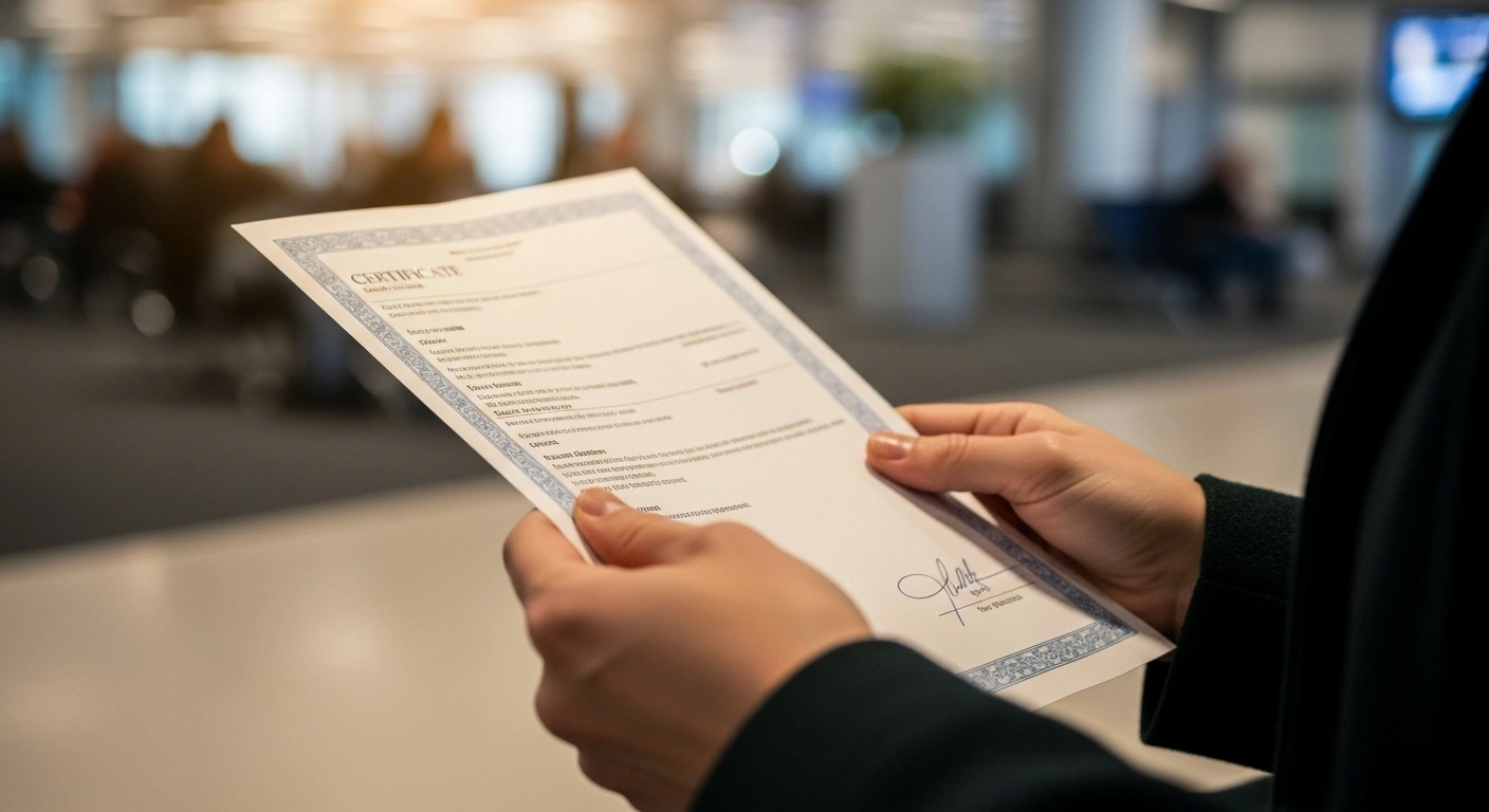 A close-up shot features the hands of a third-country national holding a crisp Pre-Departure Course certificate, representing Malta's new requirement for foreign workers seeking work permits to demonstrate English language skills, cultural awareness, and workplace understanding.