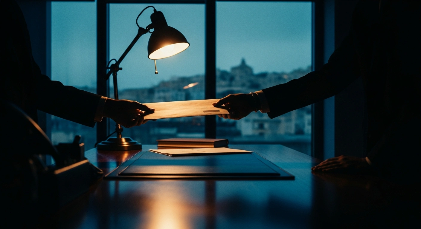 A shadowy office scene depicts a suspicious exchange of an envelope, representing the bribery allegations involving a lawyer and residency permit applications in Malta.
