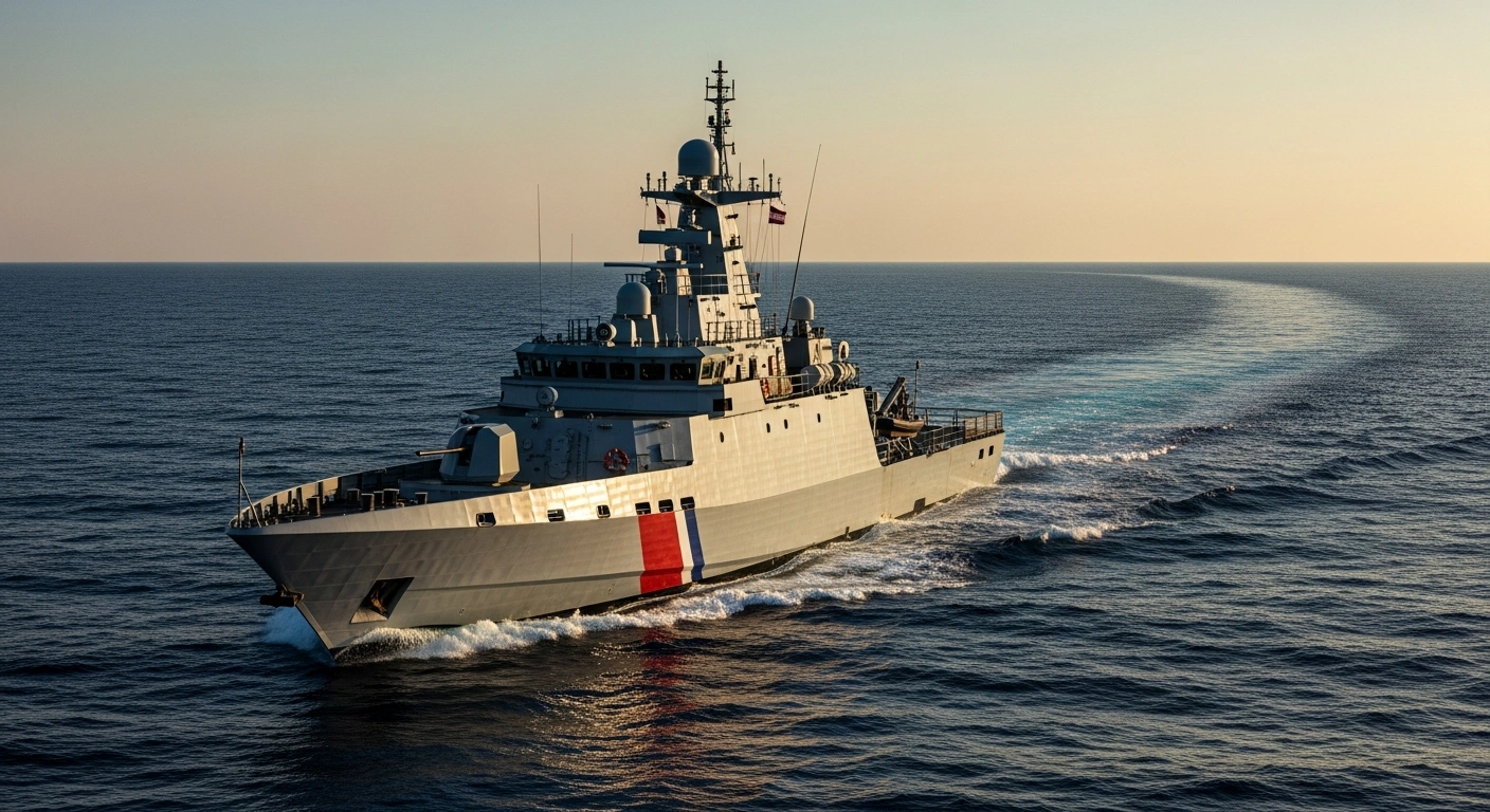 A modern patrol vessel navigates the Mediterranean Sea as part of Malta's maritime security and border management operations.
