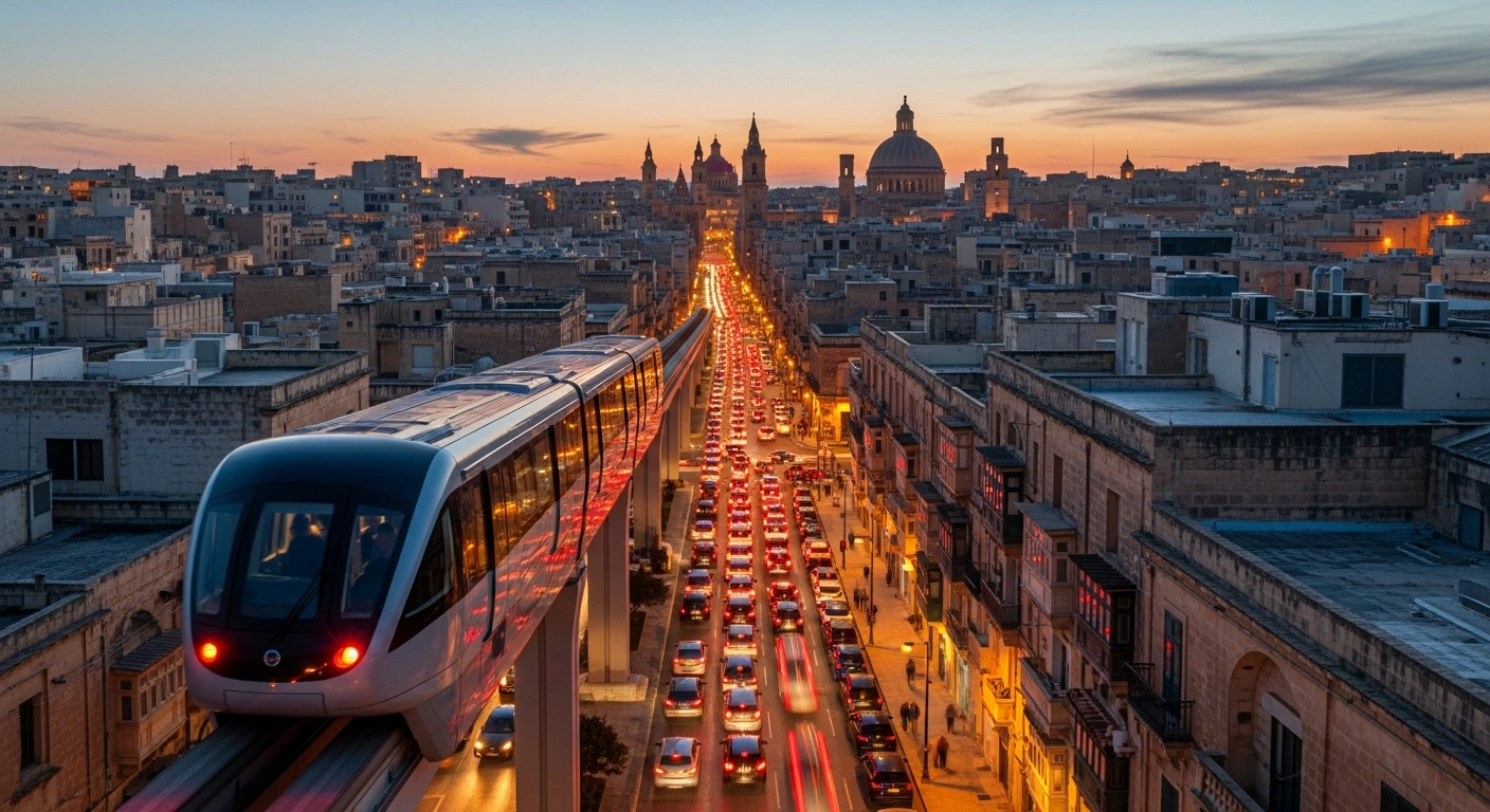 A wide, high-angle cinematic shot at dusk captures a sleek, modern elevated mass transit vehicle gliding above a congested Maltese city street filled with red taillights, visually representing Nationalist Party leader Alex Borg's commitment to a new transport system.