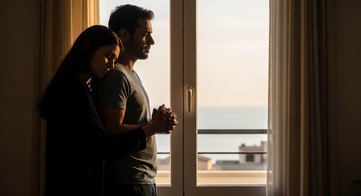 A couple, representing women and their partners receiving miscarriage leave in Malta, holds hands while silhouetted against a window with warm light, overlooking a serene Mediterranean landscape, symbolizing social support during pregnancy loss.