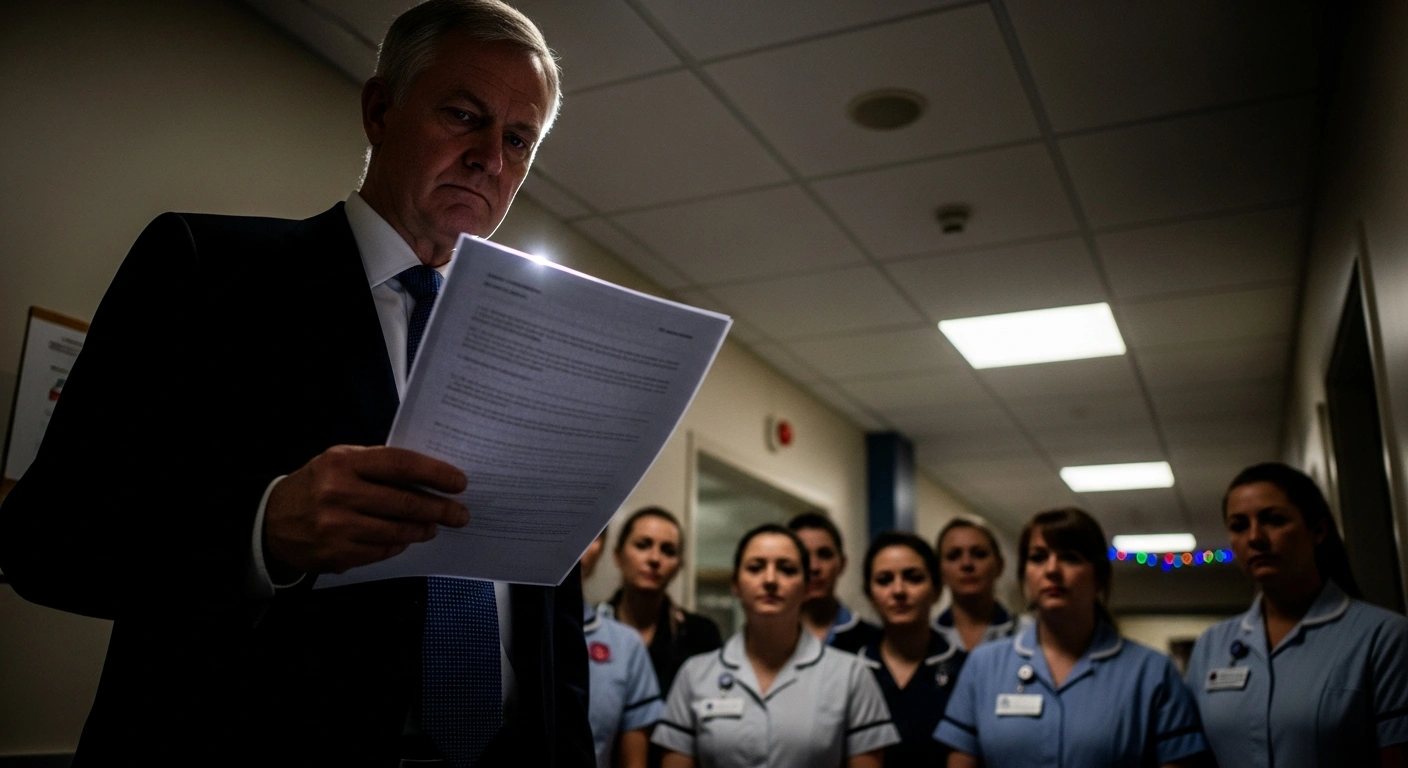 A dramatic, low-angle photograph depicts a stern Health Minister holding a legal document, casting a long shadow over a group of nurses from Mater Dei Hospital's Cardiac Catheterisation Suite, symbolizing the legal action taken against the Malta Union of Midwives and Nurses regarding vacation leave rights and patient safety concerns.