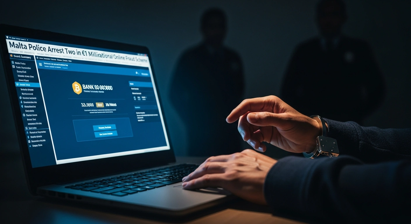 A dimly lit room features a laptop displaying a fraudulent bank interface, with an older and a younger pair of hands in the foreground, and blurred police figures in the background, symbolizing the arrests of a 25-year-old woman and an 82-year-old man for an international online fraud scheme impersonating a local bank.