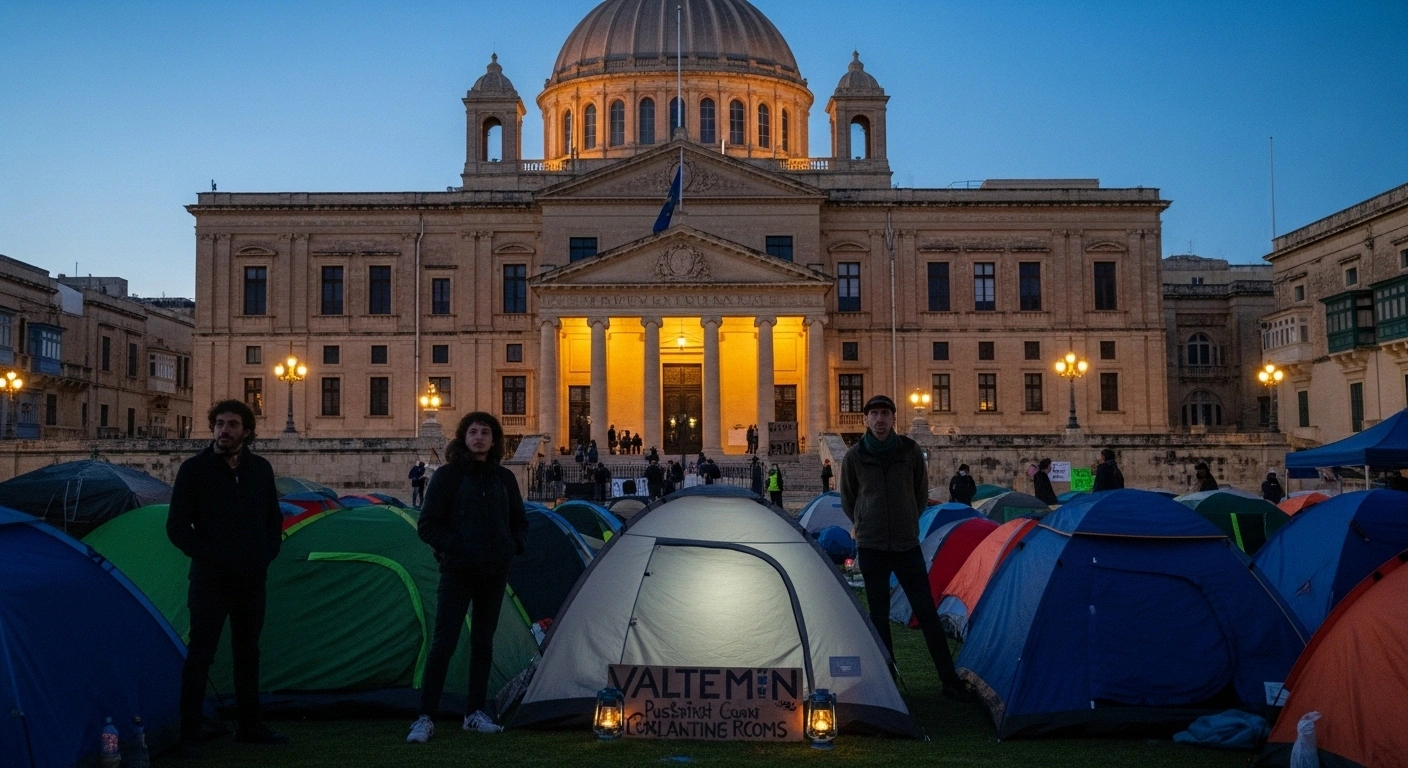 A protest camp, featuring several tents and activists illuminated by lanterns, is established outside the historic Malta Parliament building in Valletta at dusk, protesting controversial planning reforms.