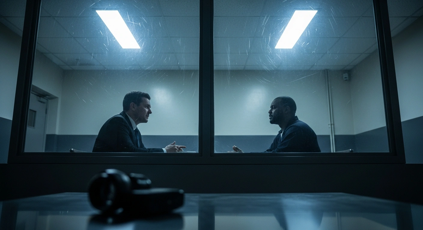 A lawyer and a prisoner sit in a sterile visitation room at the Corradino Correctional Facility while a recording device sits on the table between them.