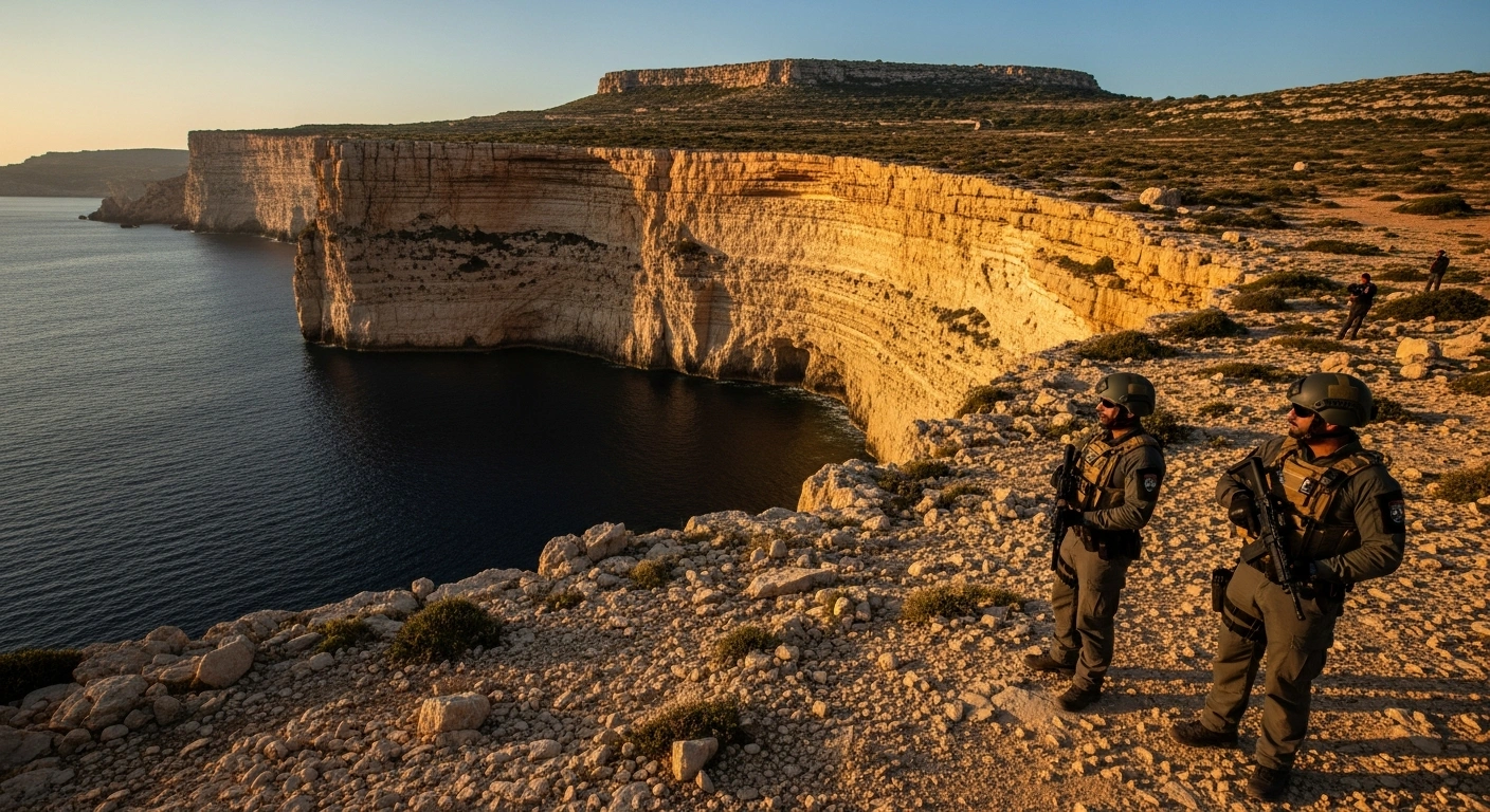 Two park rangers stand on a cliffside in Gozo, overlooking the landscape to advocate for an Environmental Protection Unit to combat environmental crime.