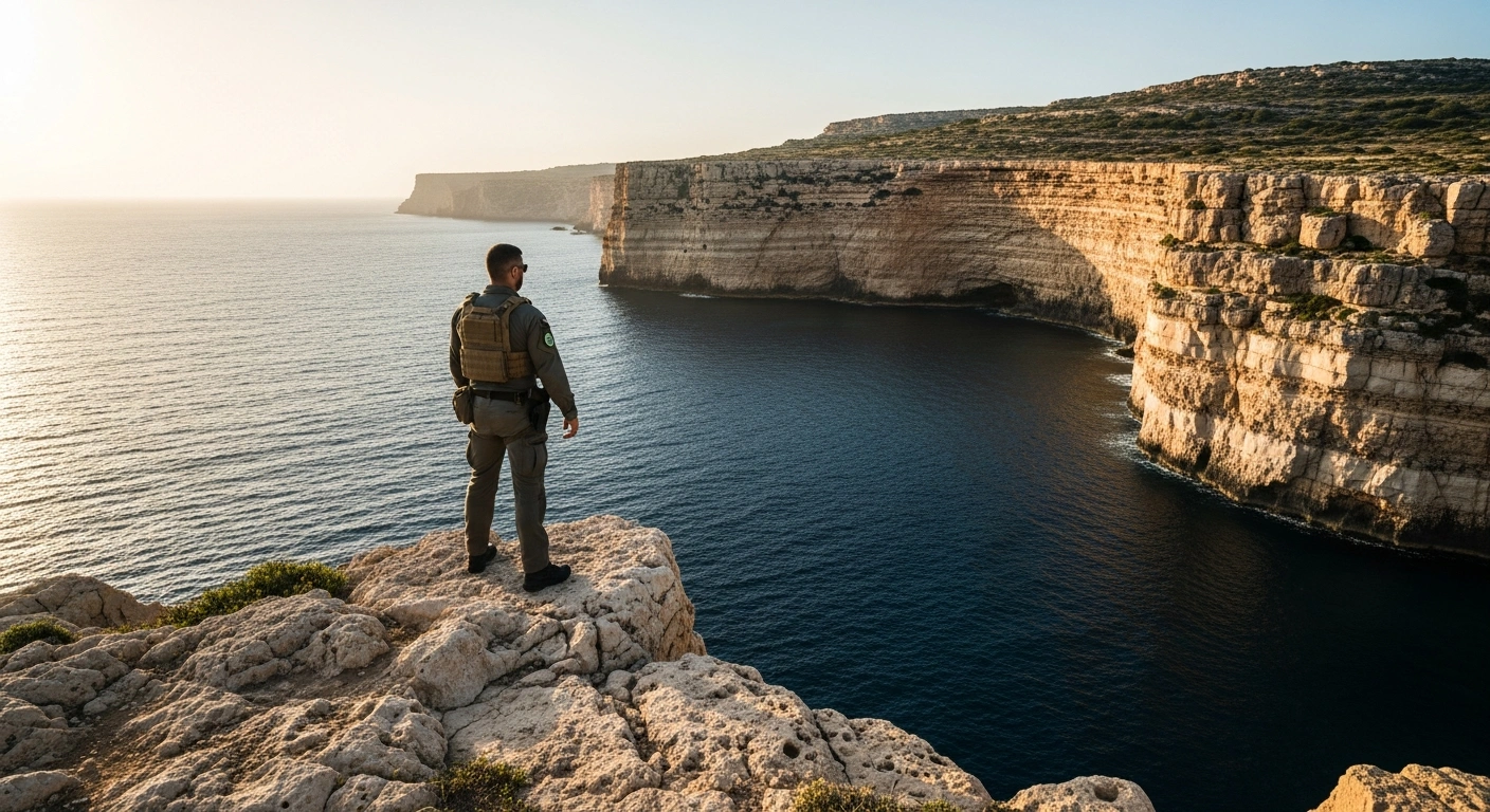 A Malta Ranger Unit officer stands on a cliffside in Gozo, surveying the landscape to advocate for the establishment of a permanent Environmental Protection Unit to combat illegal activities.