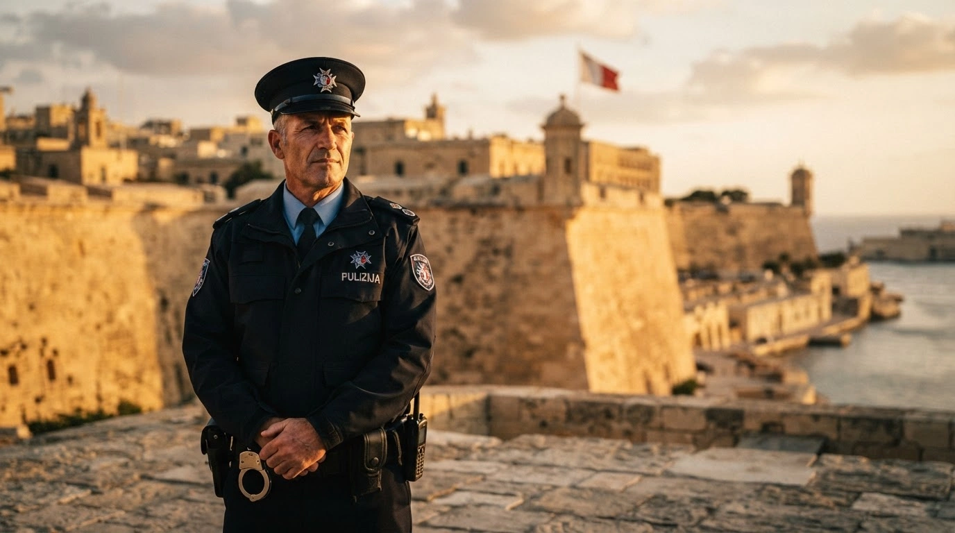A seasoned Maltese security officer stands in front of a historic stone building to represent the new government pension and tax incentives for disciplined forces.