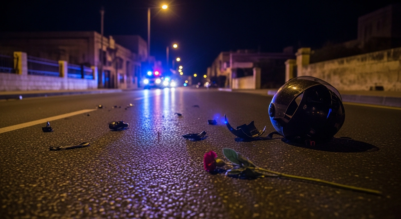 A somber street scene in St Julian's, Malta, at 3 AM depicts the aftermath of a fatal traffic accident involving a motorcycle and a car, resulting in the death of a 31-year-old Colombian woman, with emergency lights reflecting on the wet asphalt and scattered debris.