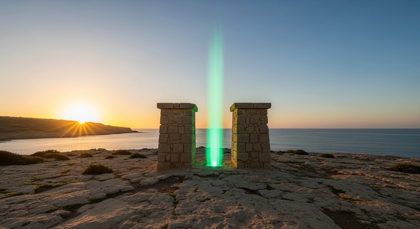 A photorealistic image features two modest, weathered stone pillars standing on a rugged Maltese coastline, bathed in the warm glow of a rising sun. Between them, a nascent, brighter column of emerald light ascends, symbolizing the pre-electoral alliance between Momentum and ADPD – The Green Party, aiming to establish a strong third voice in Malta's political landscape, despite their current 2.3% national polling.