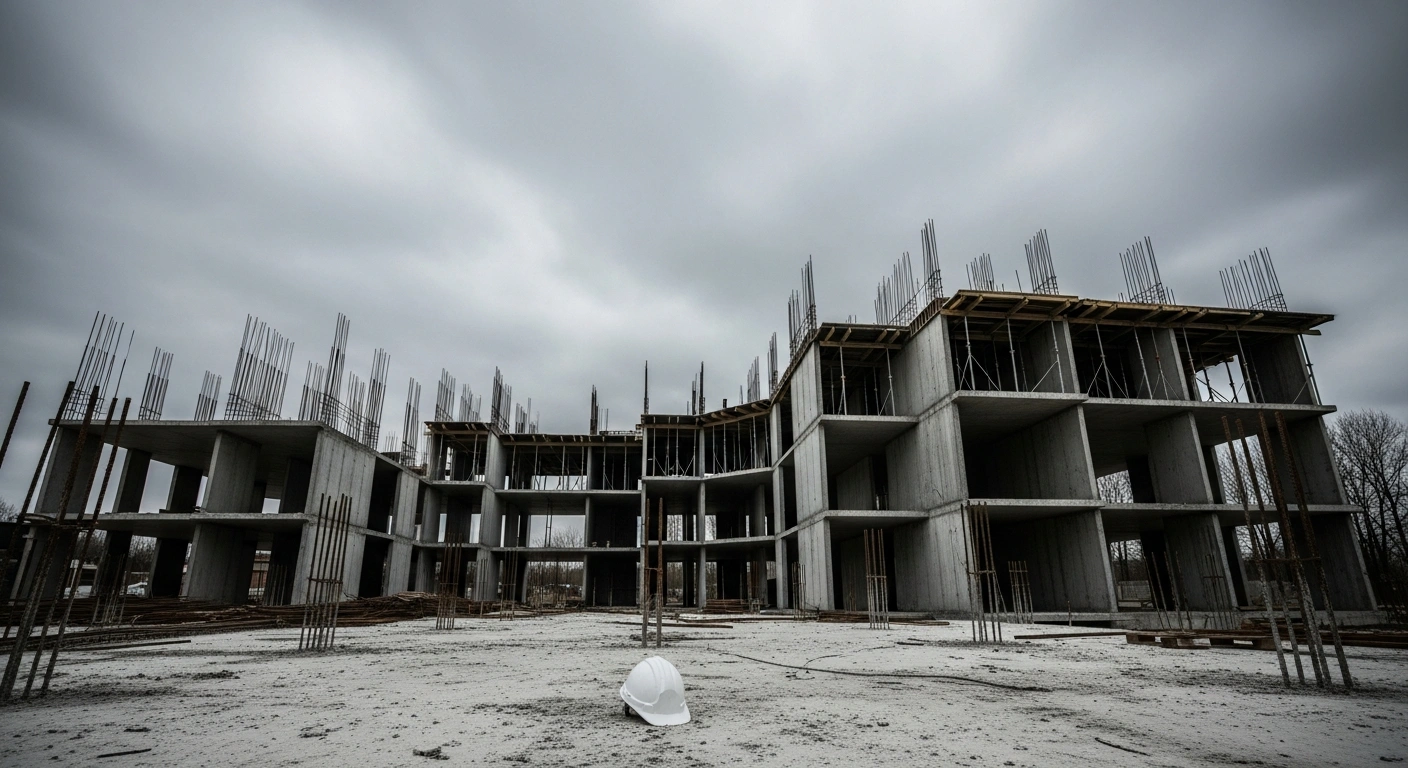 A wide, low-angle shot of a skeletal, unfinished concrete social housing structure under an overcast sky, symbolizing the stalled projects in Ħal Farruġ and Msida due to Malita Investments' liquidity constraints and unpaid fees to Maltese contractors.