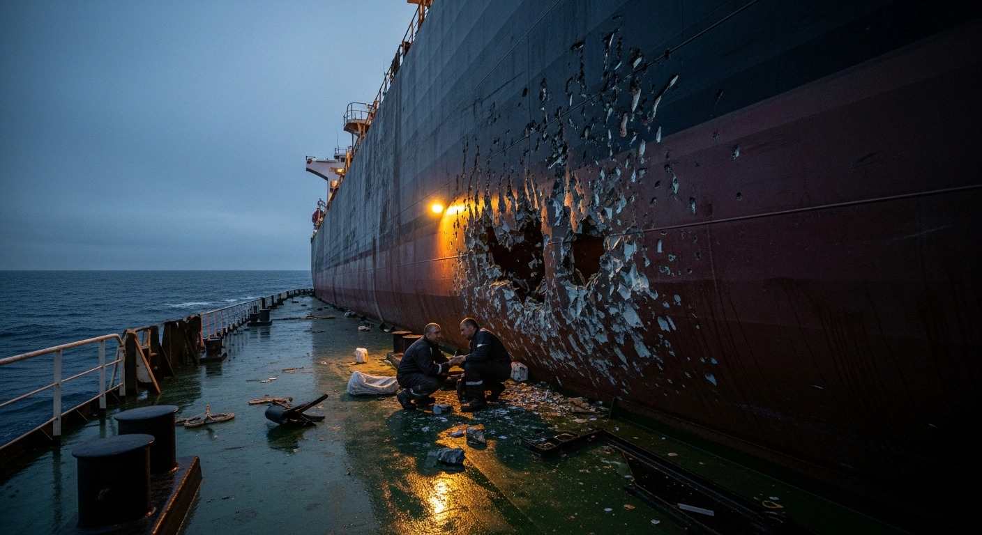 A Malta-flagged commercial vessel in the Black Sea displays significant shrapnel damage on its hull, with an injured seafarer being attended to on its deck, following a missile strike.
