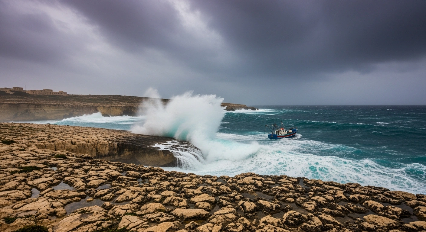 A dramatic, low-angle shot of the rugged Maltese coastline under a stormy sky, with powerful waves crashing against limestone cliffs and a lone fishing boat battling rough seas, illustrating the yellow weather warning for strong Force 7 winds and potential rainfall issued by Malta's Civil Protection Department.