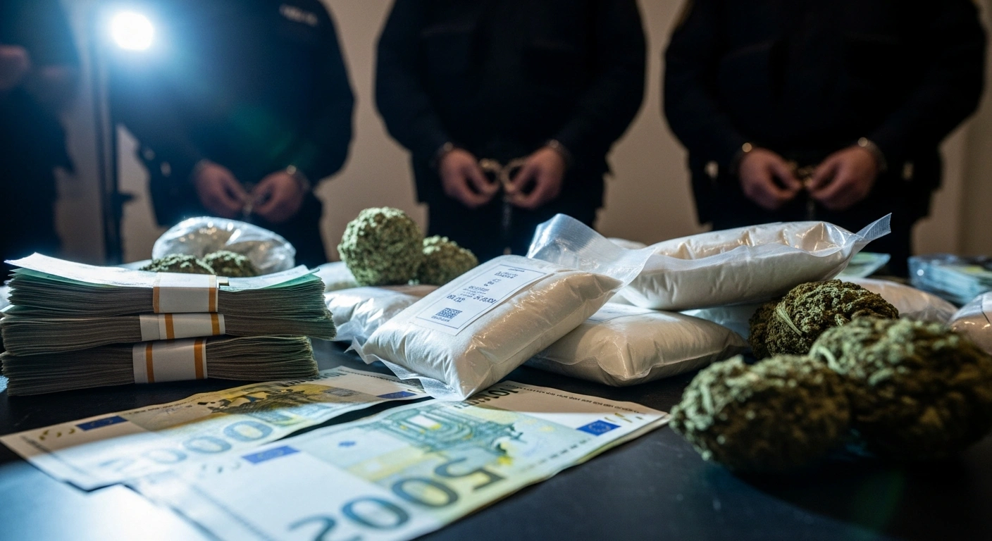 Maltese police display a large seizure of euro banknotes, vacuum-sealed packages of suspected cocaine and cannabis, and other confiscated items on a table, following the arrest of five Italian nationals in a major drug trafficking and money laundering operation.